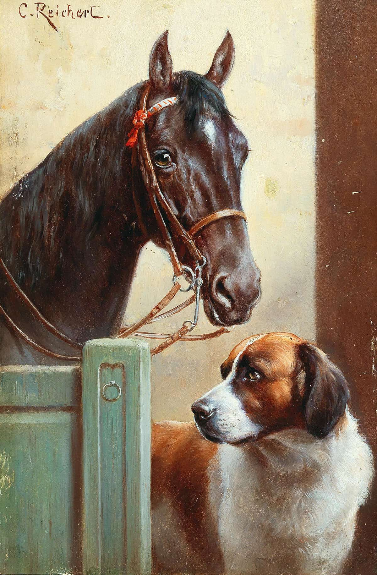 Friends A Bay And A St Bernard In A Stable by Carl Reichert - Image 3