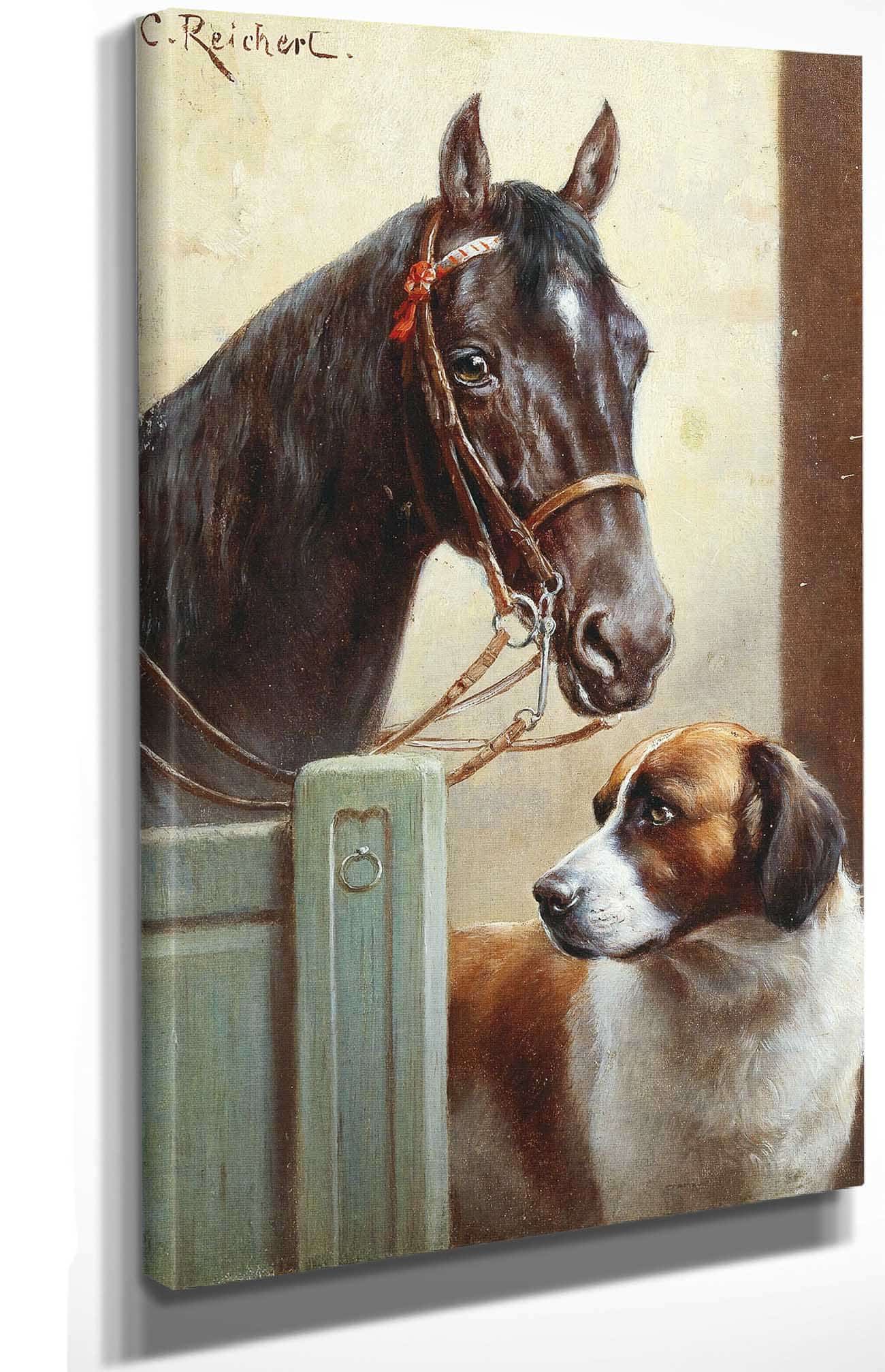 Friends A Bay And A St Bernard In A Stable by Carl Reichert - Image 4