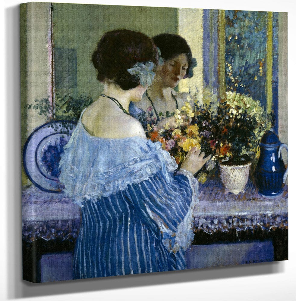Girl In Blue Arranging Flowers By Frederick Carl Frieseke