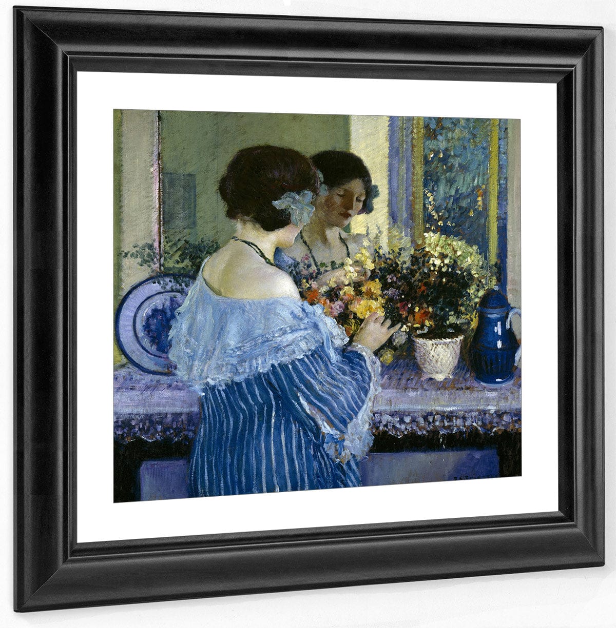 Girl In Blue Arranging Flowers By Frederick Carl Frieseke - Image 2