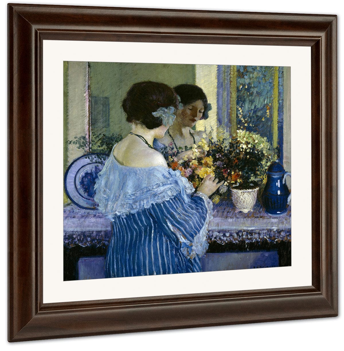 Girl In Blue Arranging Flowers By Frederick Carl Frieseke - Image 3