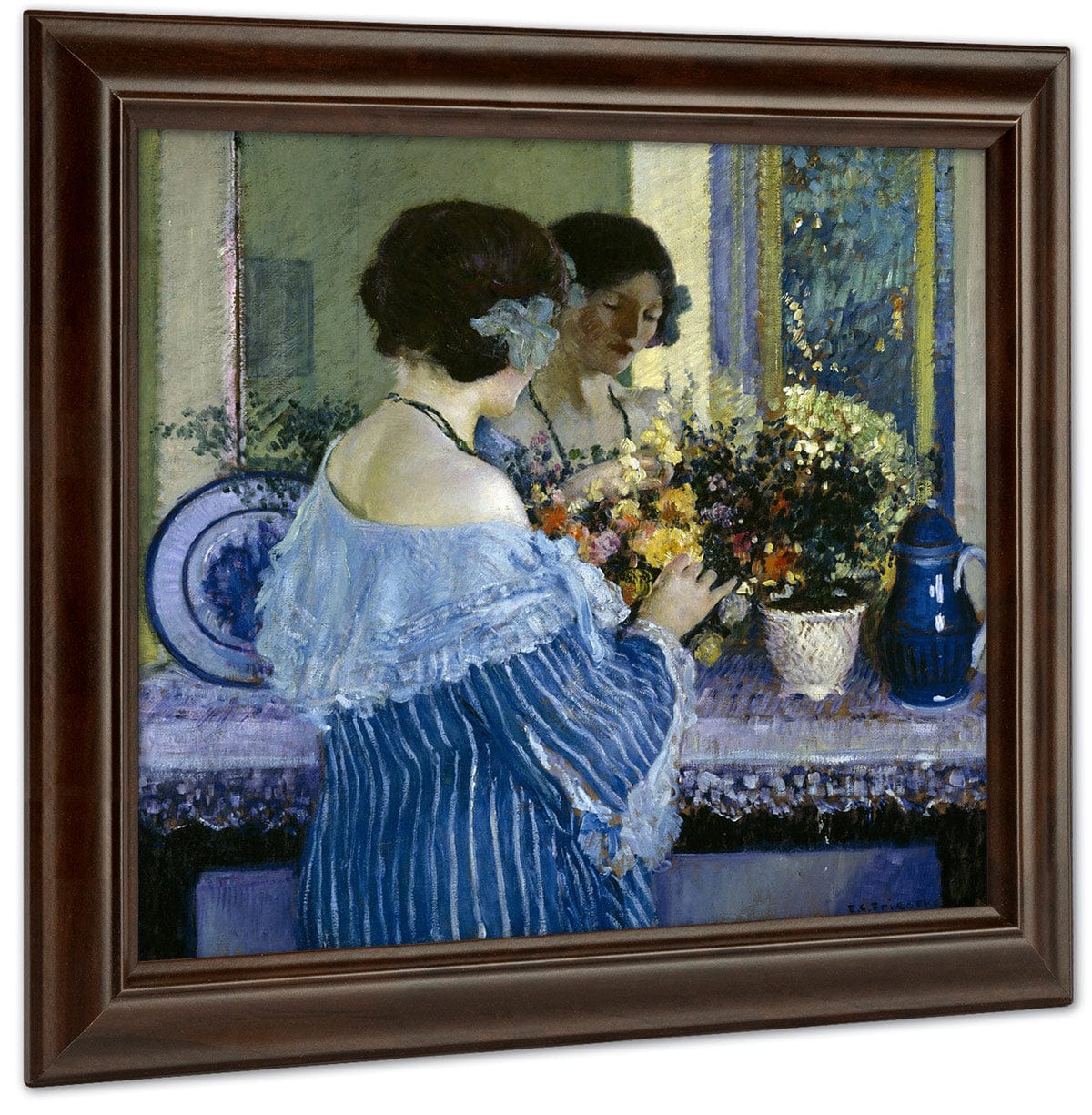 Girl In Blue Arranging Flowers By Frederick Carl Frieseke - Image 4