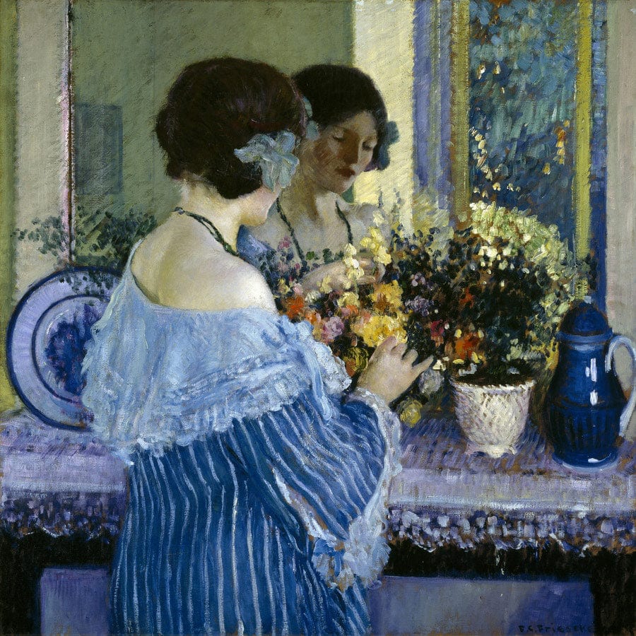 Girl In Blue Arranging Flowers By Frederick Carl Frieseke - Image 5