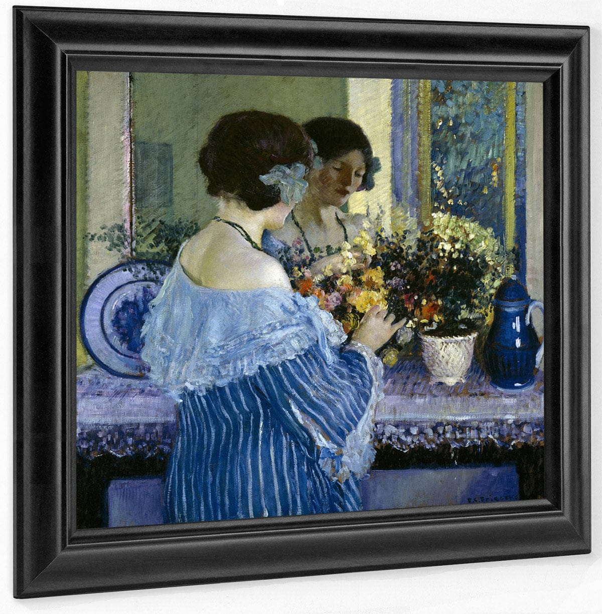 Girl In Blue Arranging Flowers By Frederick Carl Frieseke - Image 6