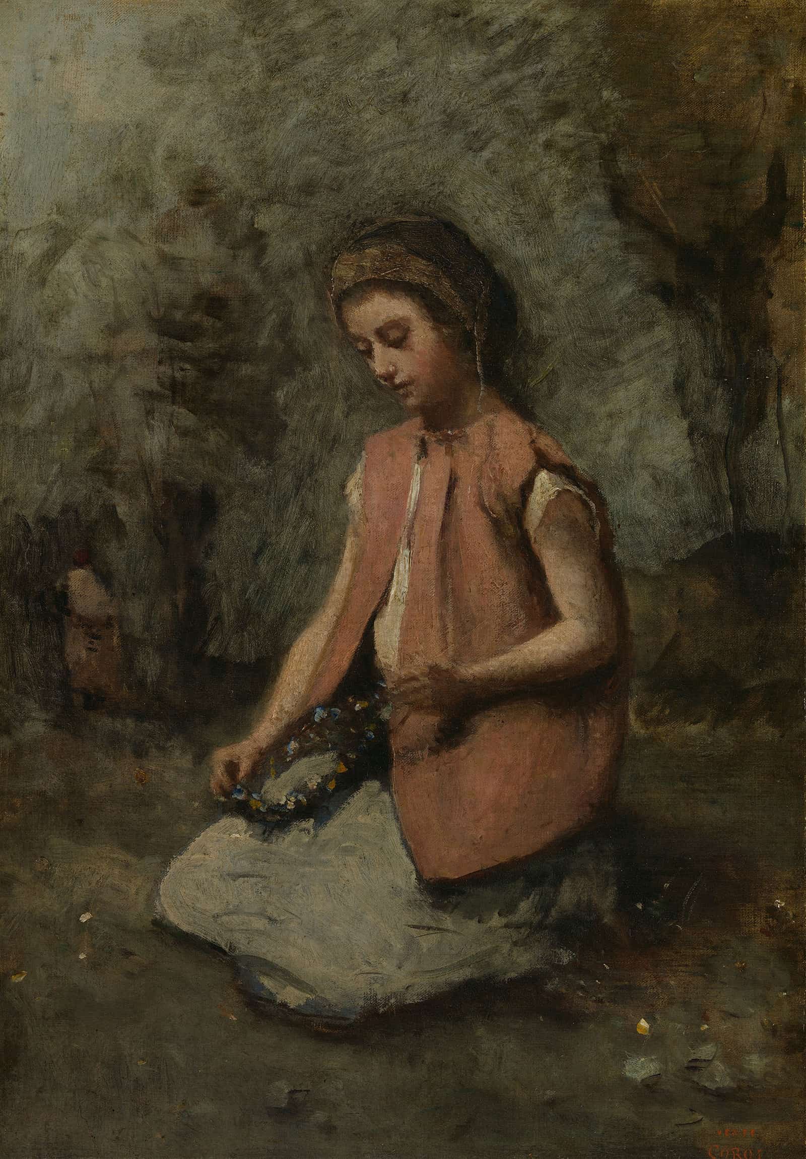 Girl Weaving A Garland by Jean Baptiste Camille Corot
