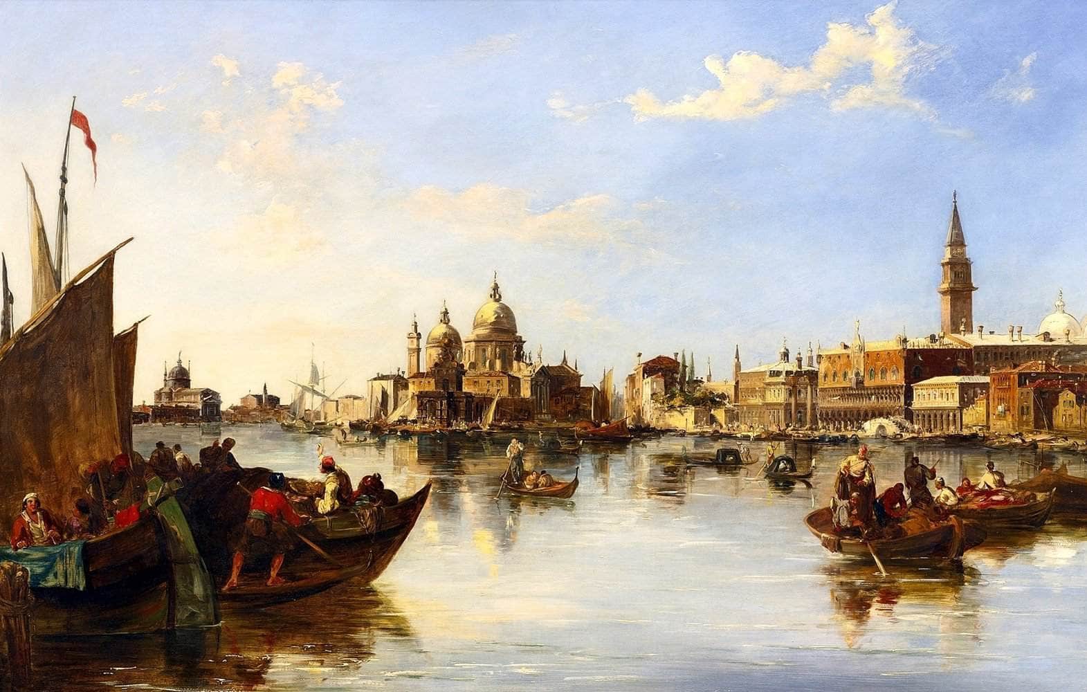 Gondolas Fishing Boats Grand Canal Venice Painting Edward Pritchett Canvas Art - Image 5
