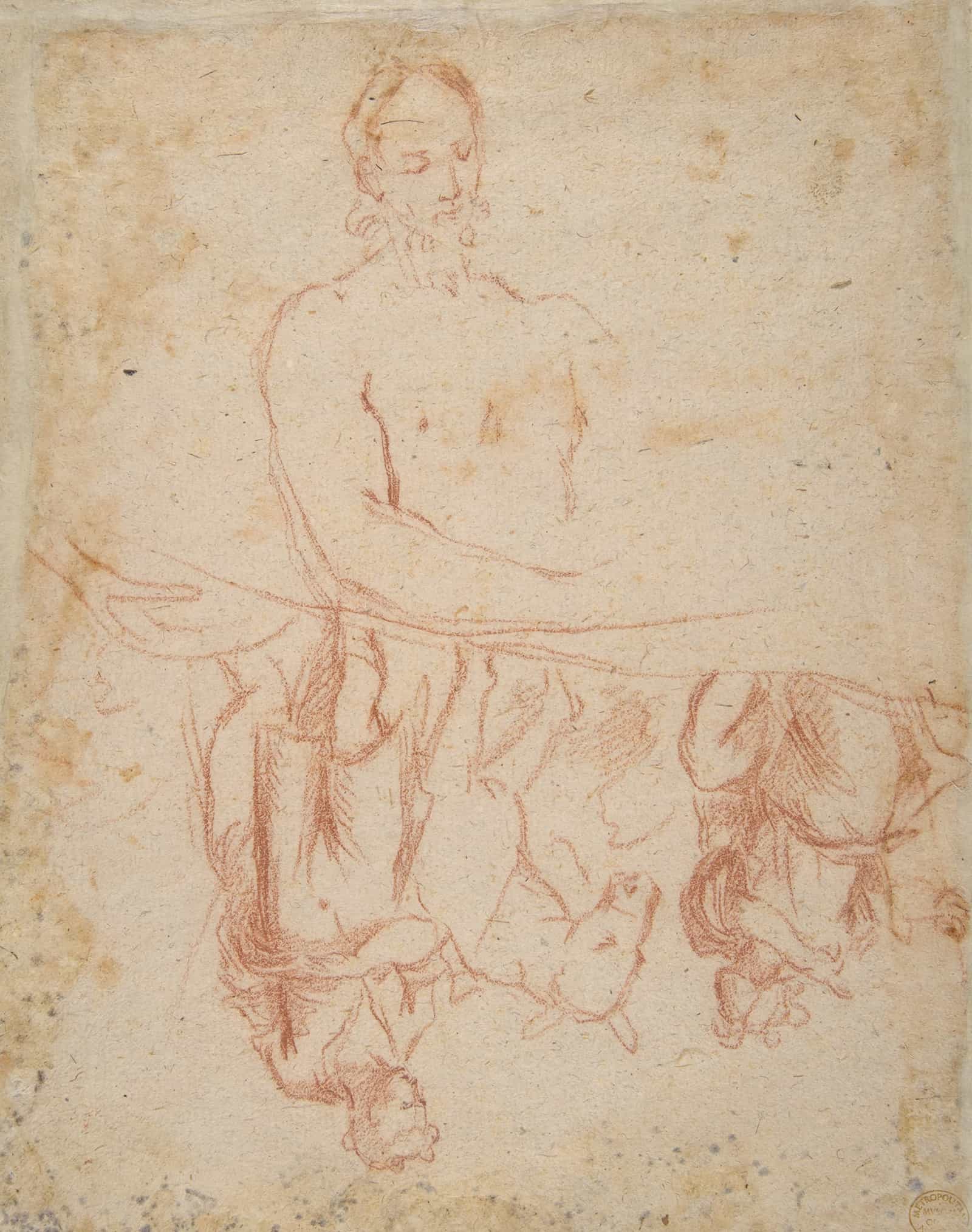 Half Length Study Of Bearded Nude Male Figure And A Man And Woman With Donkey by Salvator Rosa