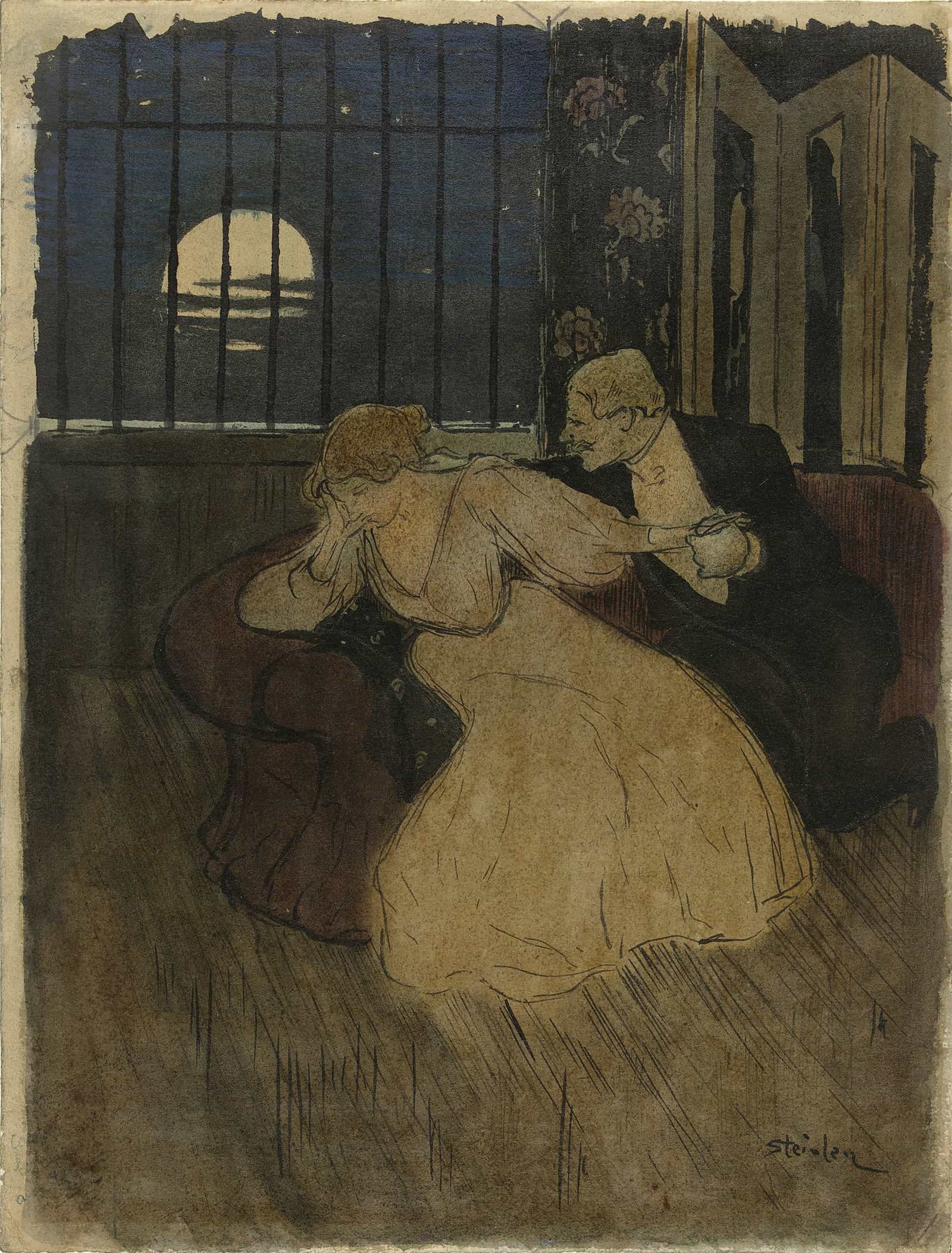 Heer In Rok Tracht Een Twijfelende Dame Op Een Sofa Te Overreden by Theophile Alexandre Steinlen