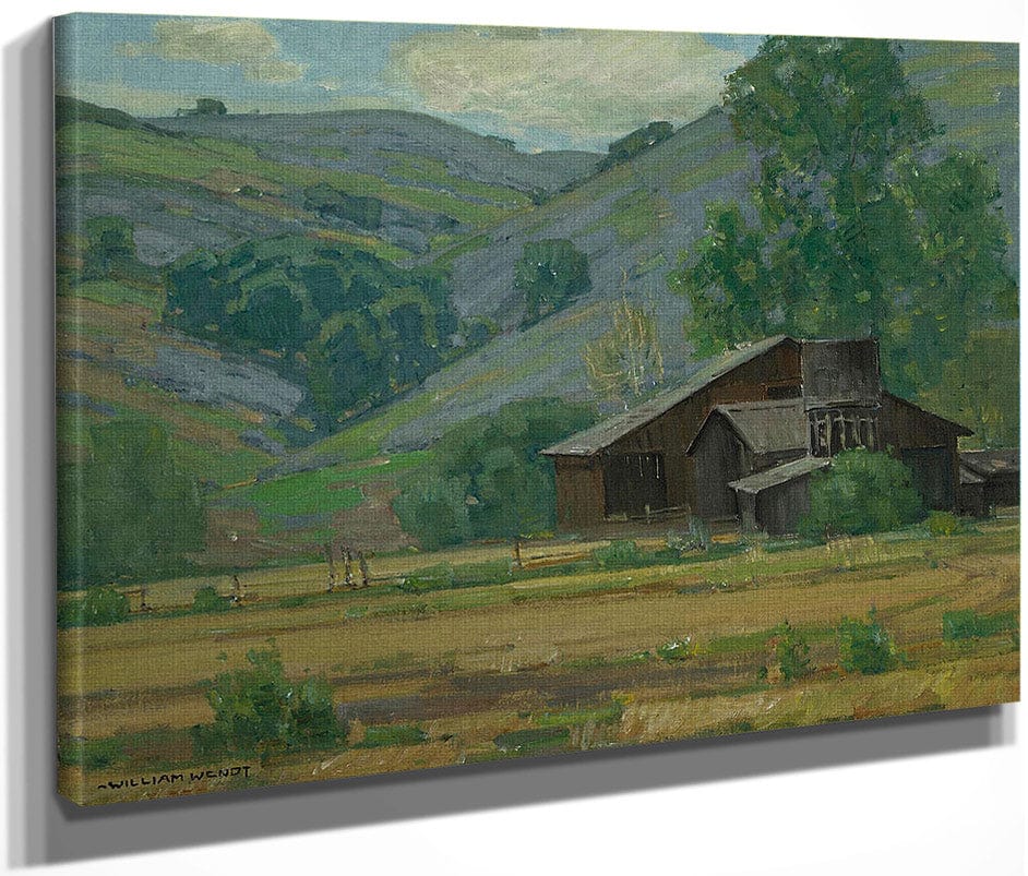 Hillside Wildflowers With Barn By William Wendt