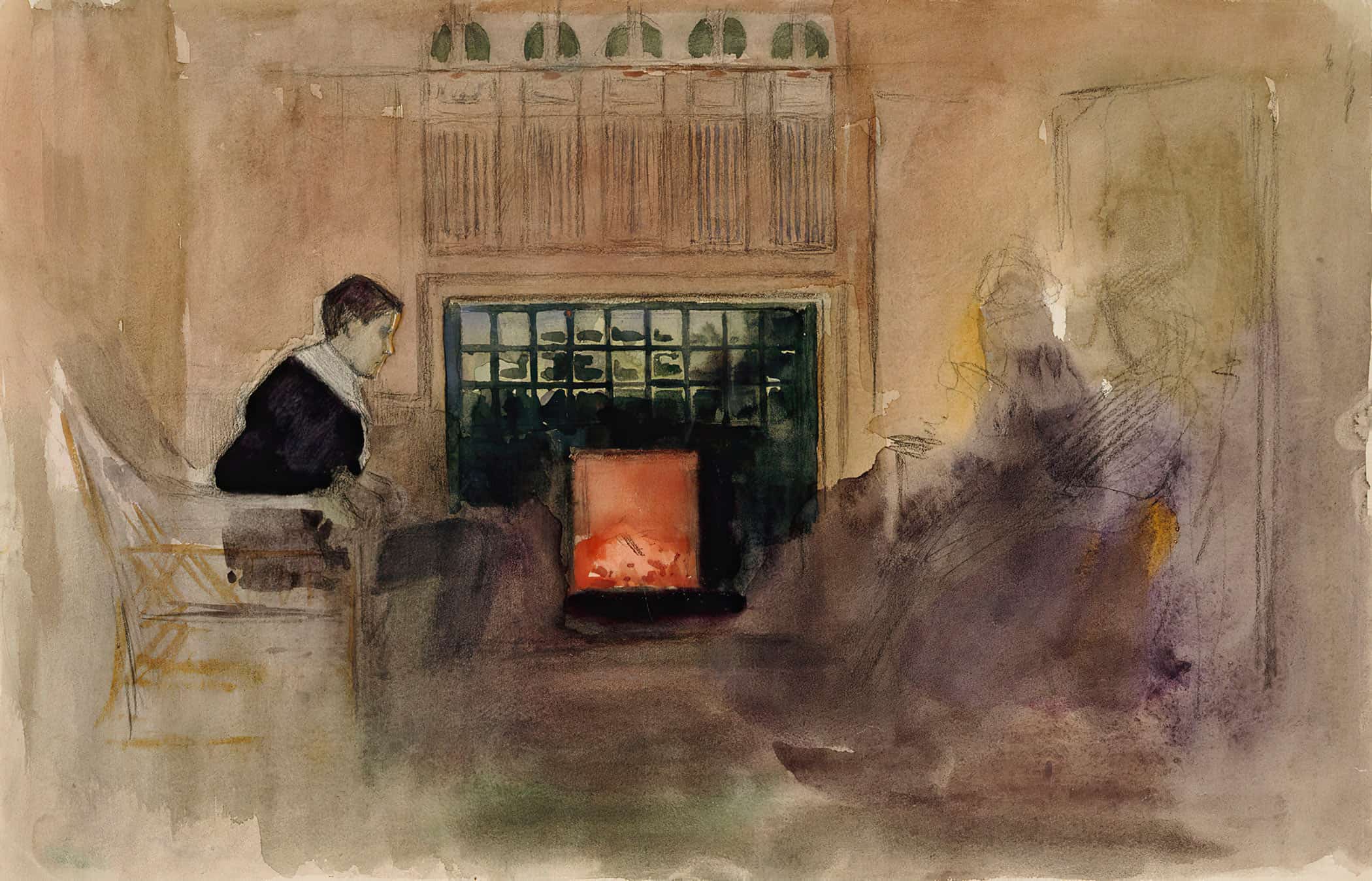Interioori Taiteilijan Huvilalta Kilosta Erik Istumassa Uunin Vieressa By Albert Edelfelt - Image 2