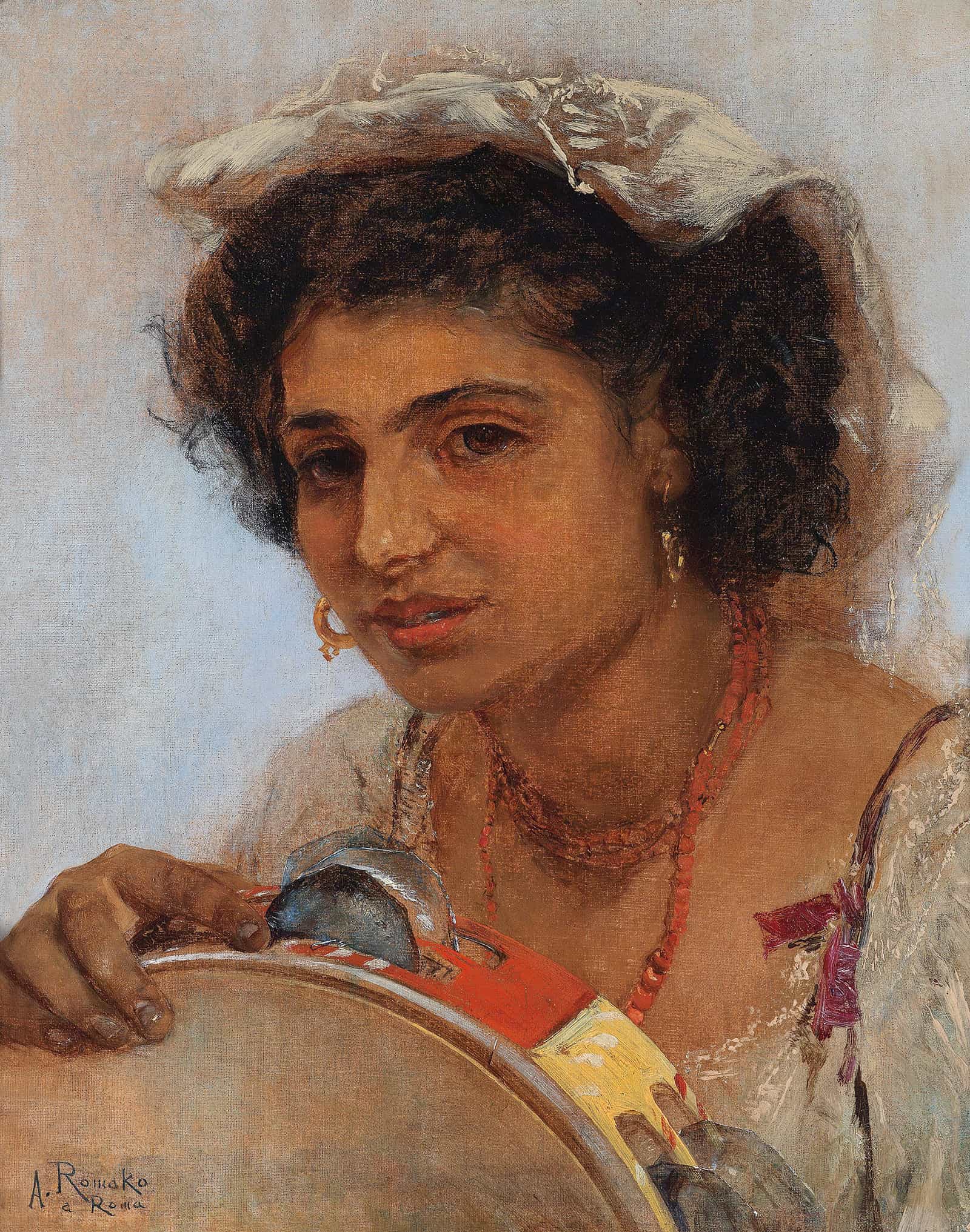 Italienisches Madchen Mit Kopftuch Und Tamburin by Anton Romako