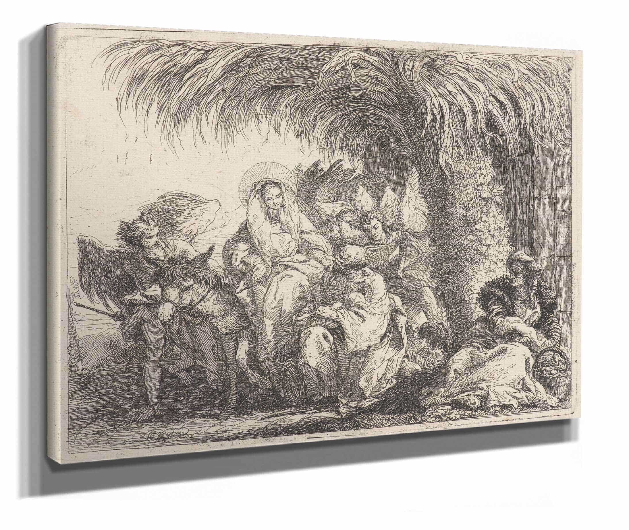 Joseph Kneels With The Child Before Mary On The Donkey by Giovanni Domenico Tiepolo
