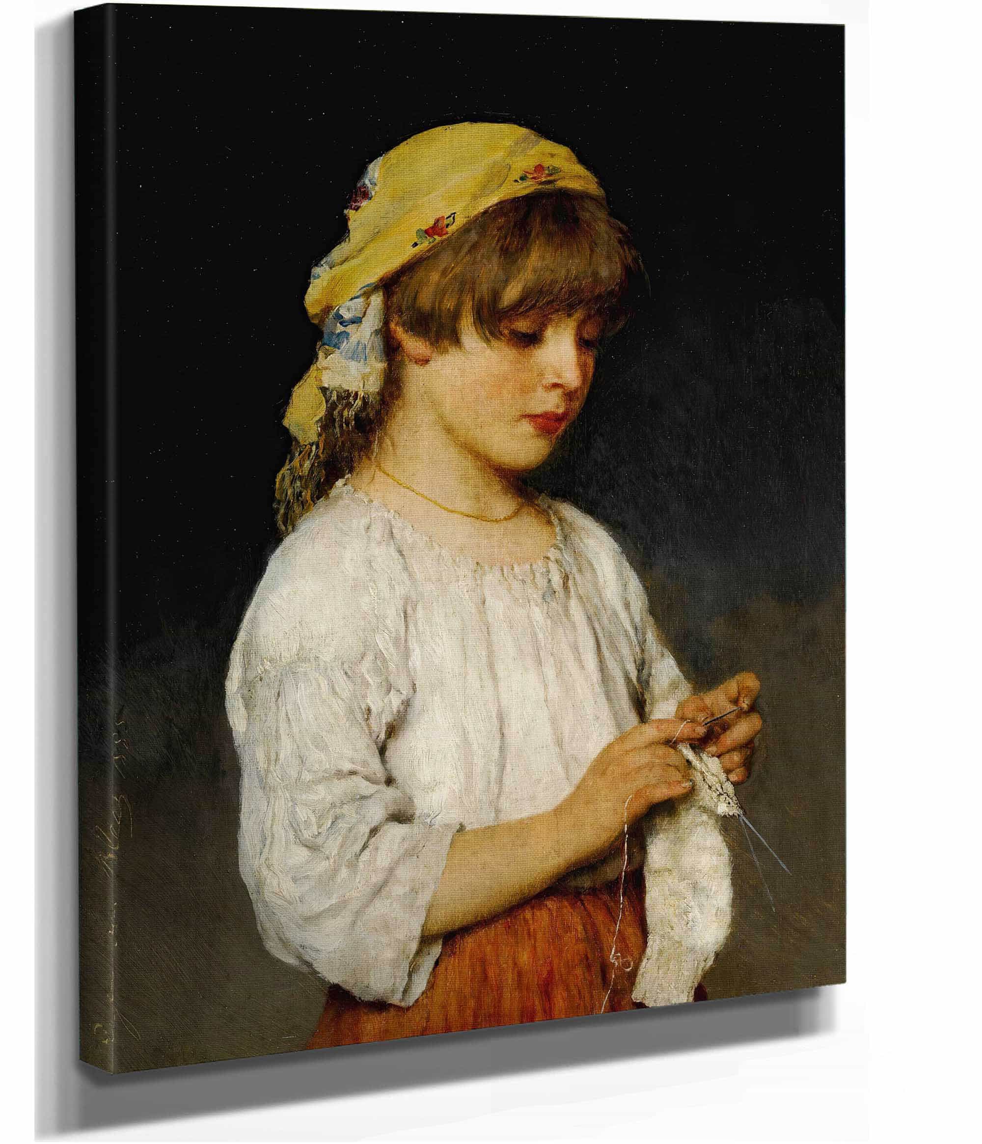 Knitting Girl With Headscarf by Eugen Von Blaas - Image 2