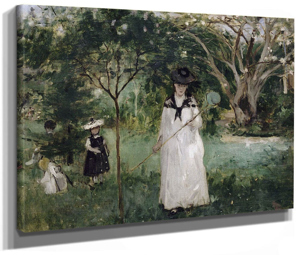 La Chasse Aux Papillons Madame Pontillon, Nee Edma Morisot (1839 1921), Soeur De L'artiste Et Ses Filles Jeanne Et Blanche By Berthe Morisot