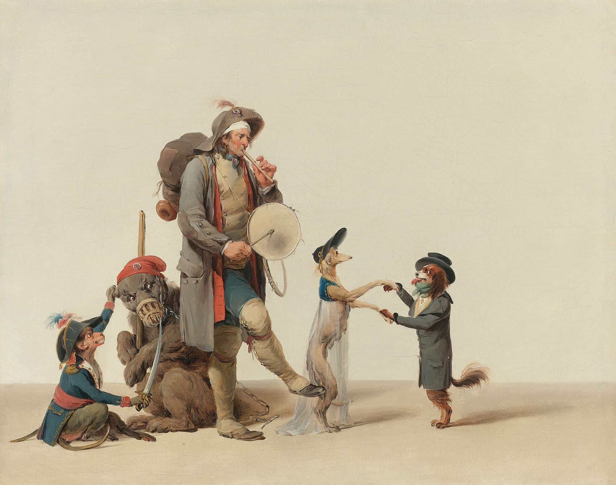 La Piece Curieuse An Animal Trainer With Dancing Dogs A Bear And Monkey by Louis Leopold Boilly
