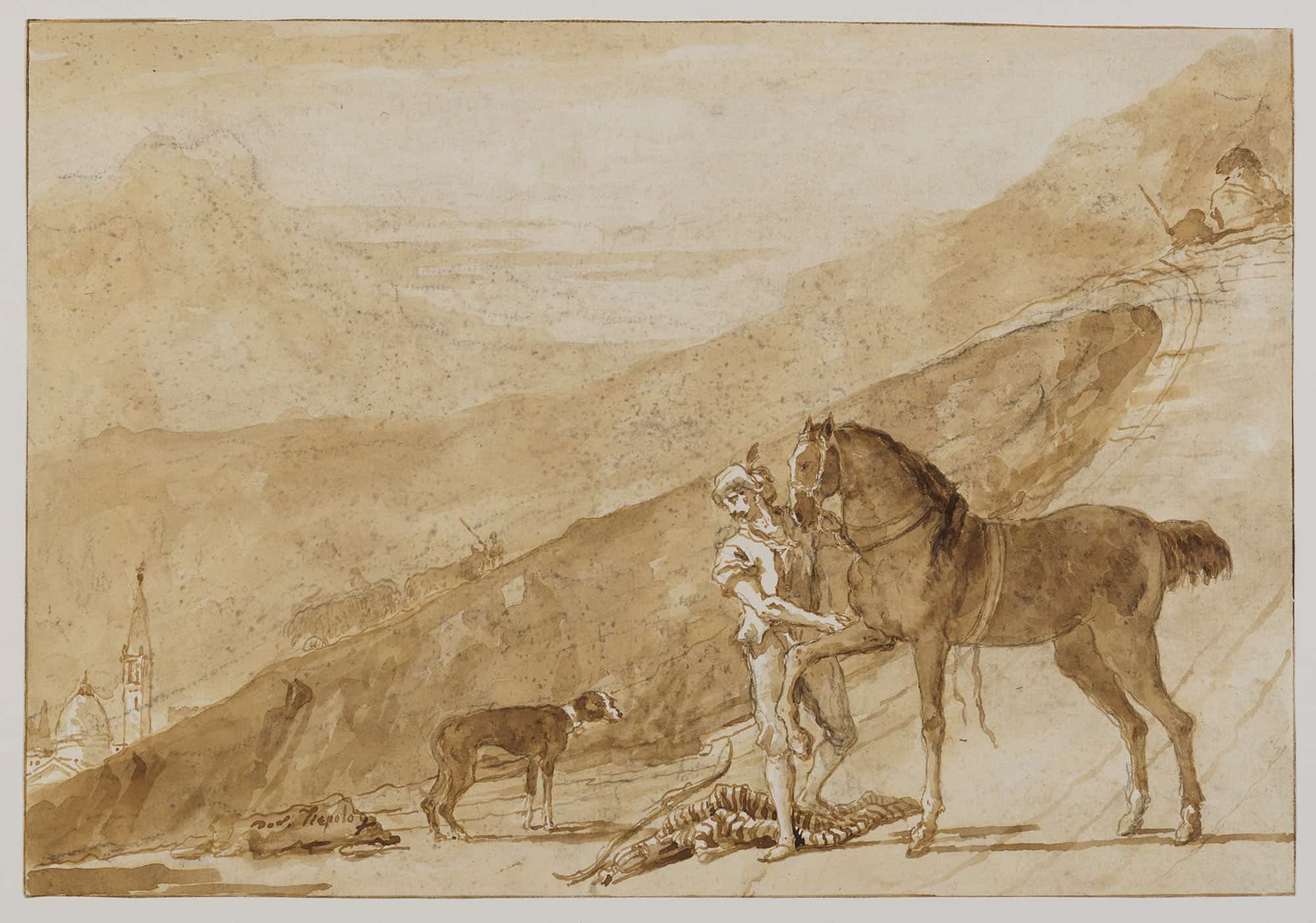 Landscape With A Horse Held By A Page After by Giovanni Domenico Tiepolo