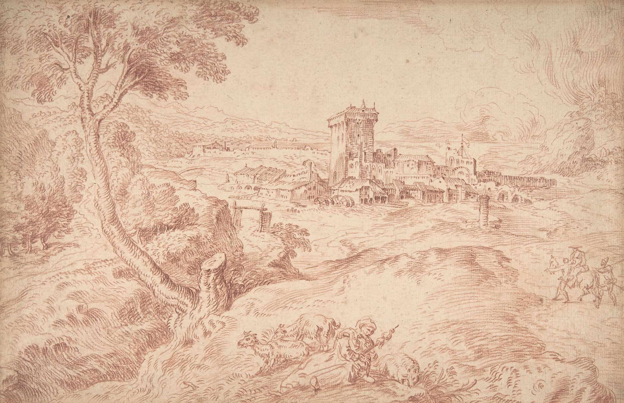 Landscape With An Old Woman Holding A Spindle After Domenico Campagnola by Jean Antoine Watteau