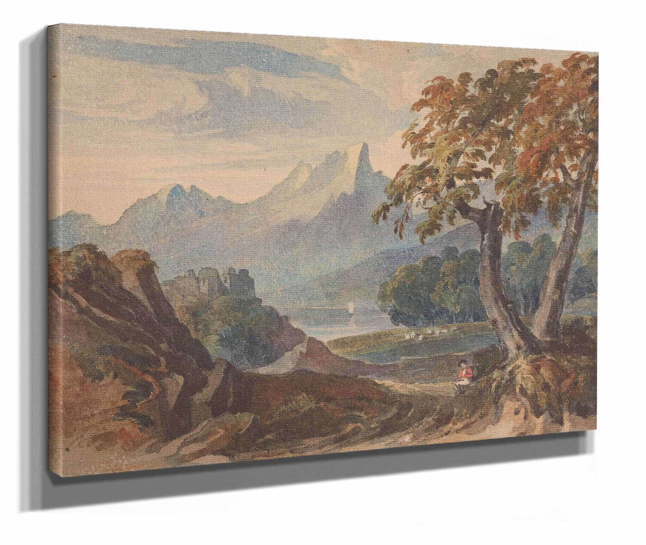 Landscape With Mountains Lake Castle Seated Figure In Foreground by Thomas Sully - Image 2