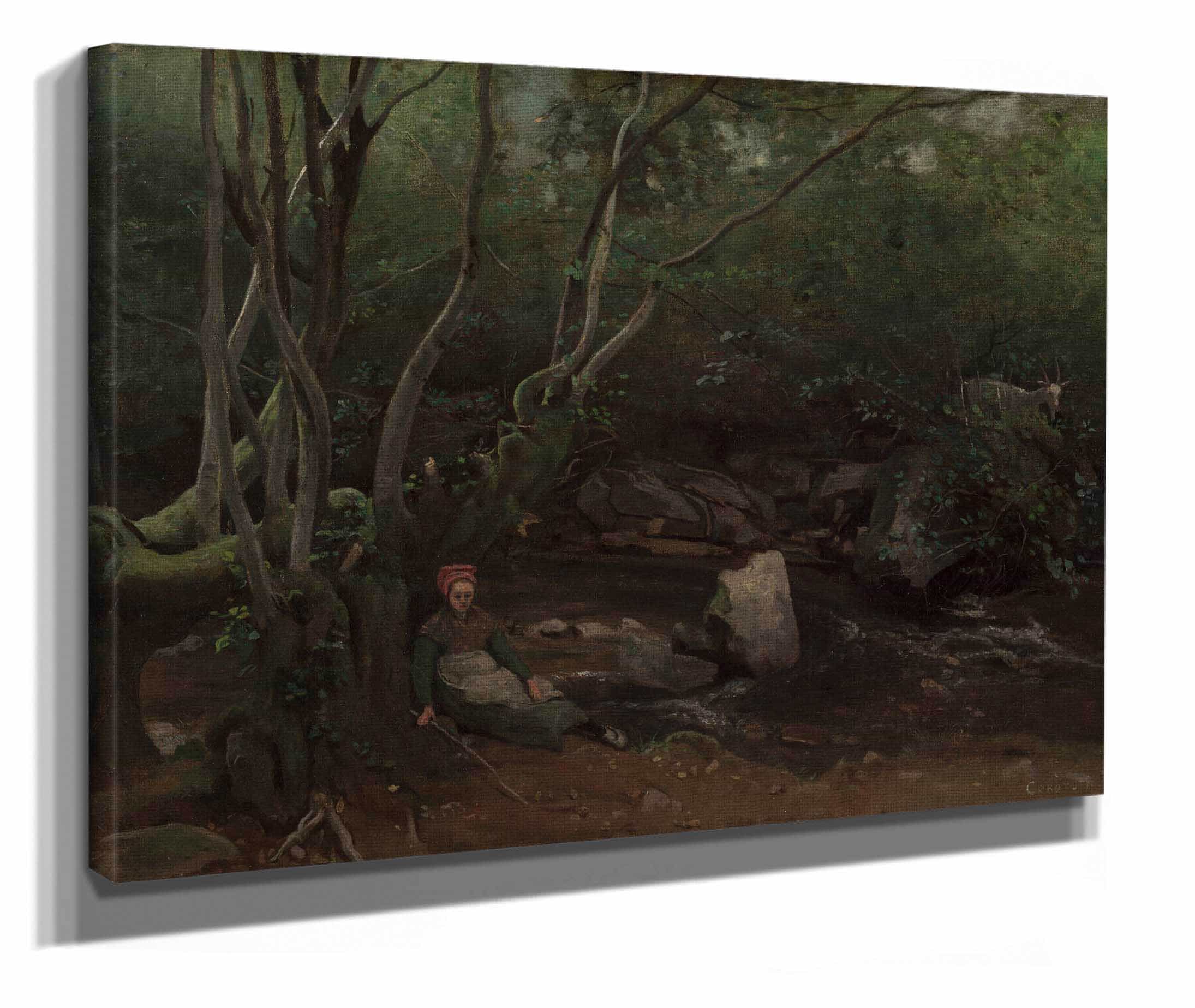 Lormes Goat Girl Sitting Beside A Stream In A Forest by Jean Baptiste Camille Corot - Image 2