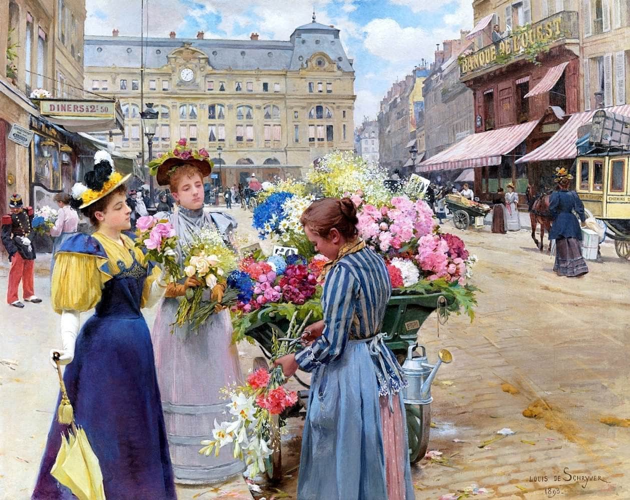 Marchand De Fleurs, La Rue Du Havre, Paris Painting Louis De Schryver Canvas Art - Image 5