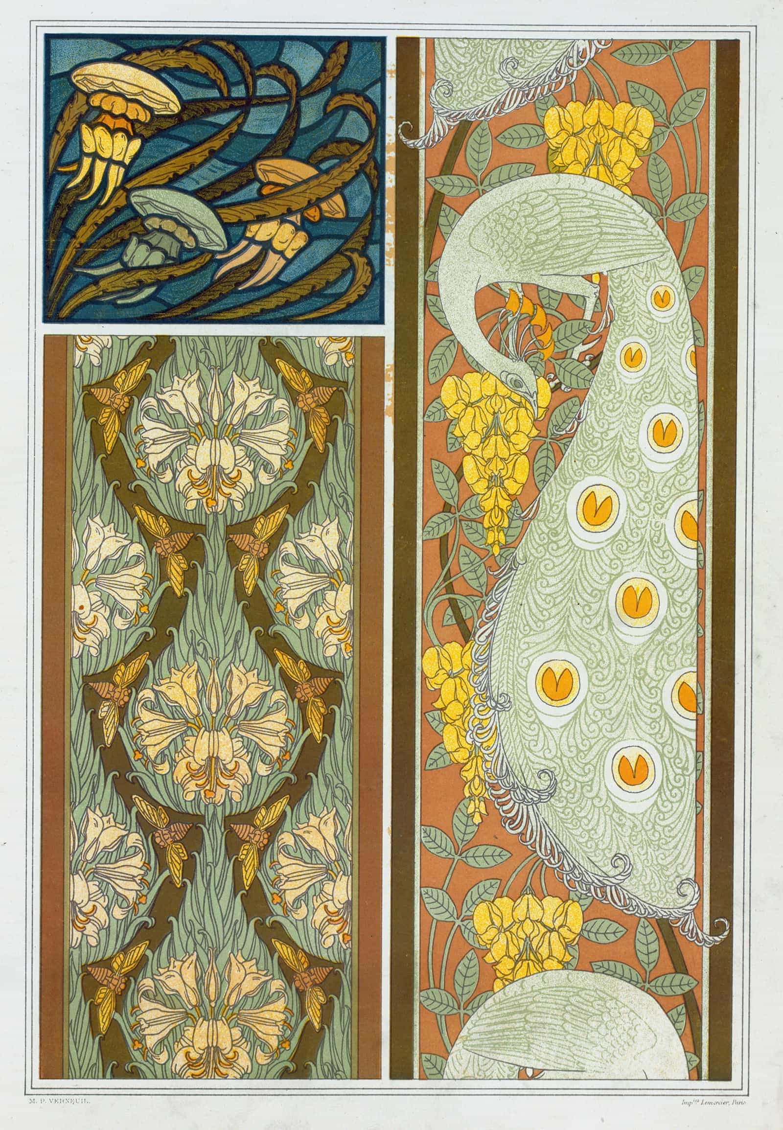 Meduses Et Algues Vitrail Cigales Et Lis Paons Et Cytise Bordures by Maurice Pillard Verneuil