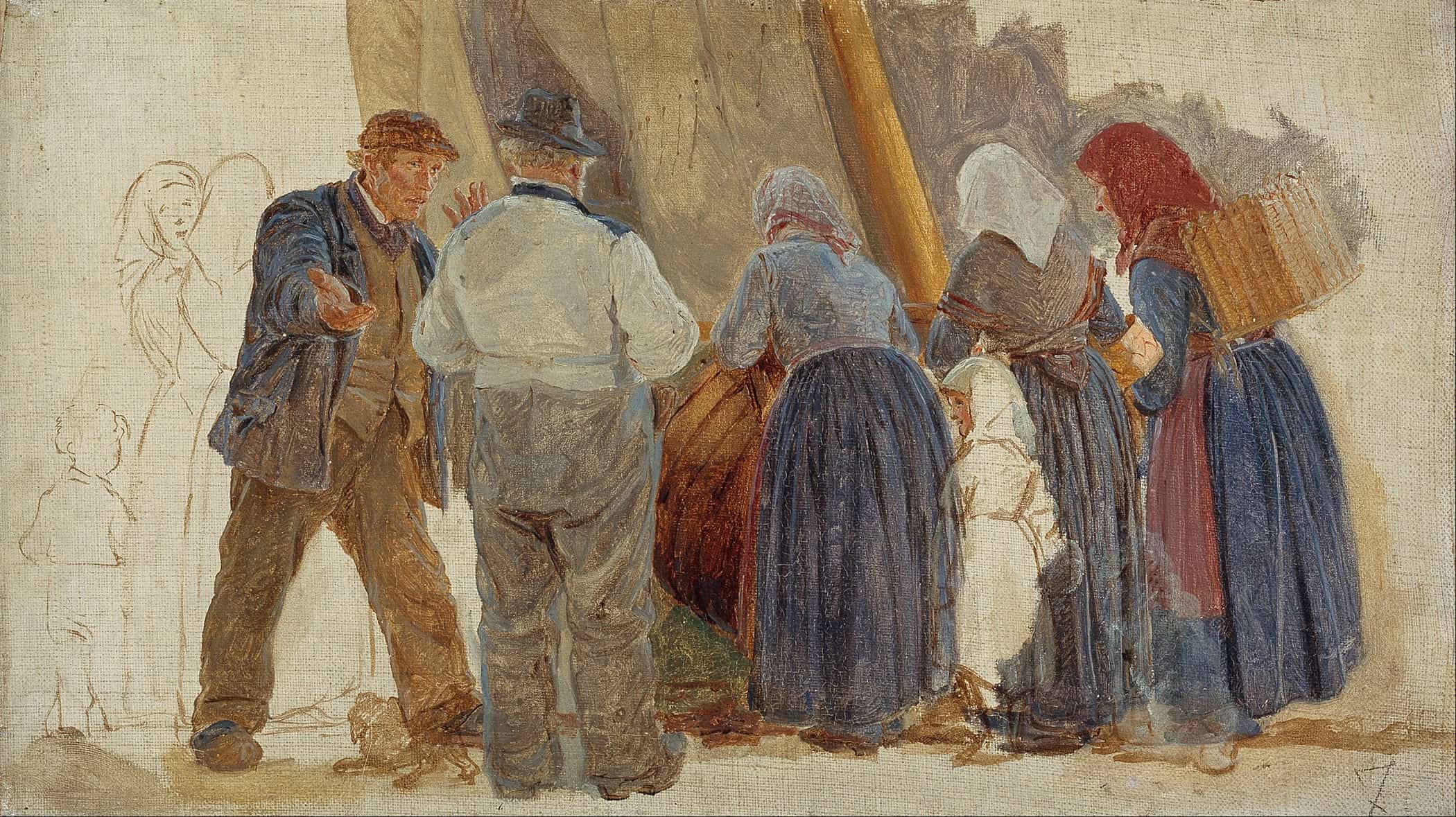 Morning At Hornbaek Men And Women Bargining by Peder Severin Kroyer - Image 2