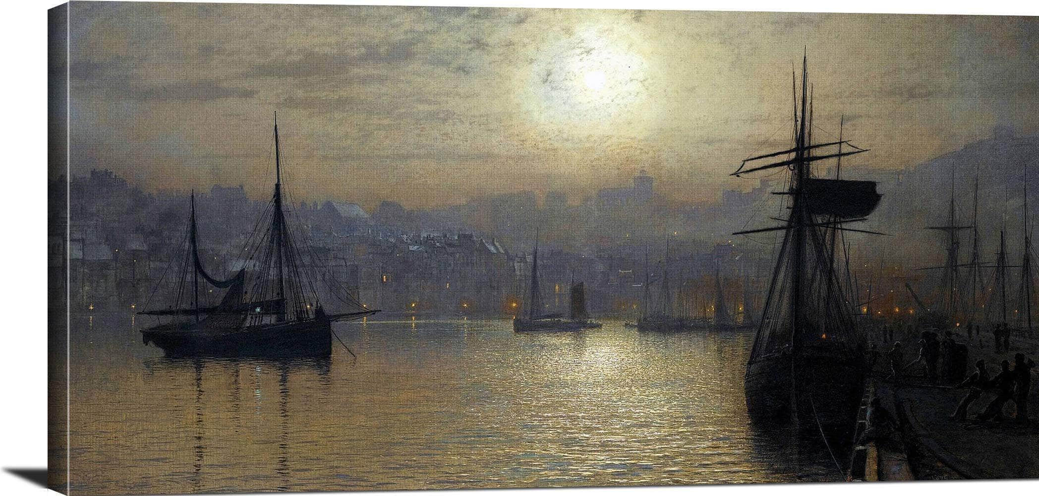 Old Scarborough, Full Moon, High Water Painting John Grimshaw Canvas Art - Image 3