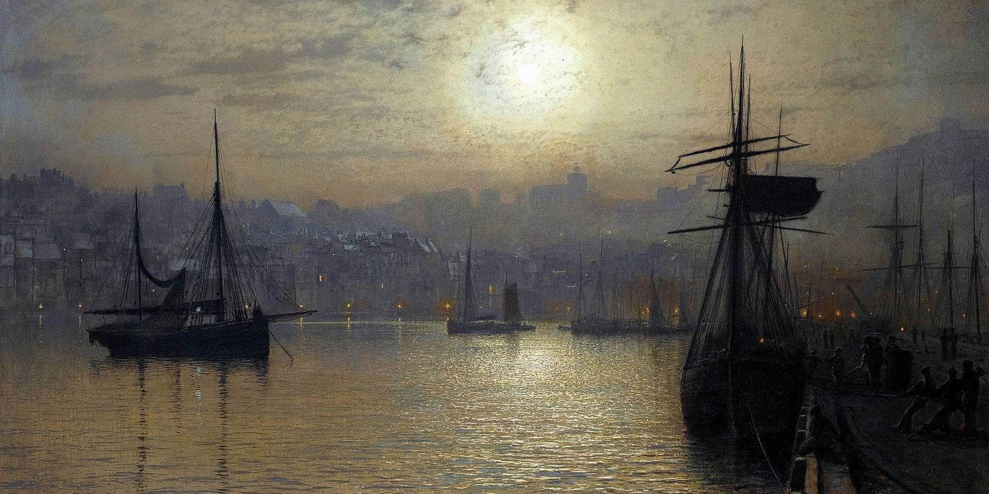 Old Scarborough, Full Moon, High Water Painting John Grimshaw Canvas Art - Image 5
