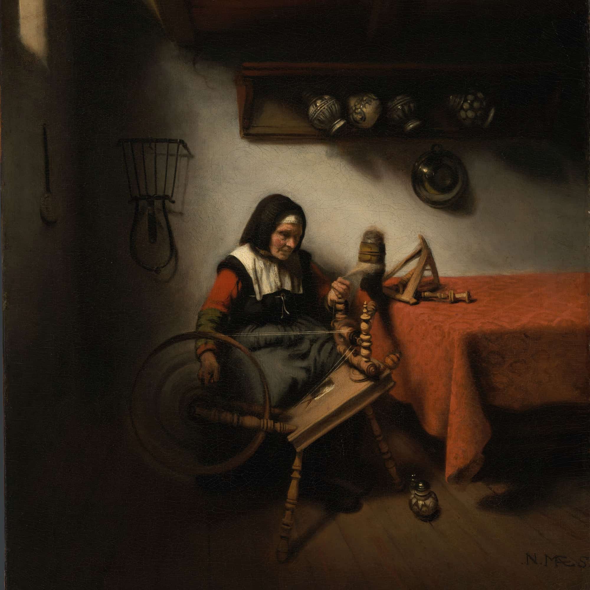 Old Woman Spinning by Nicolaes Maes - Image 4