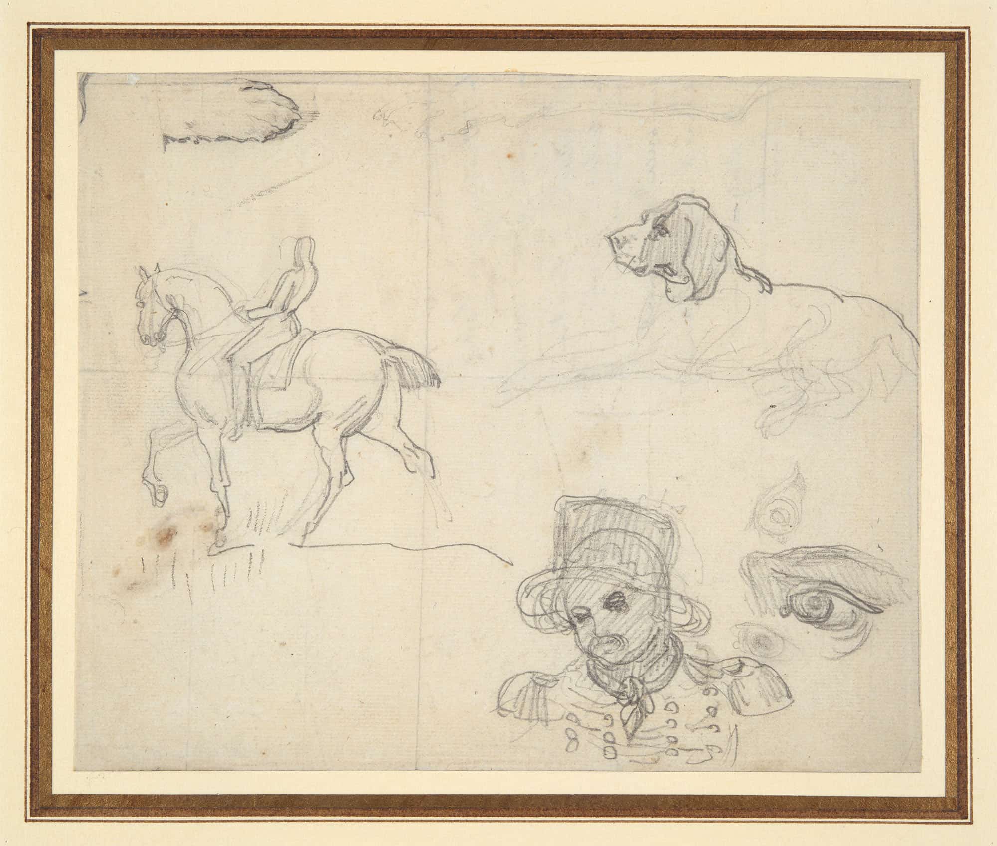 Page Of Sketches Equestrian Dog Soldiers Head by Theodore Gericault