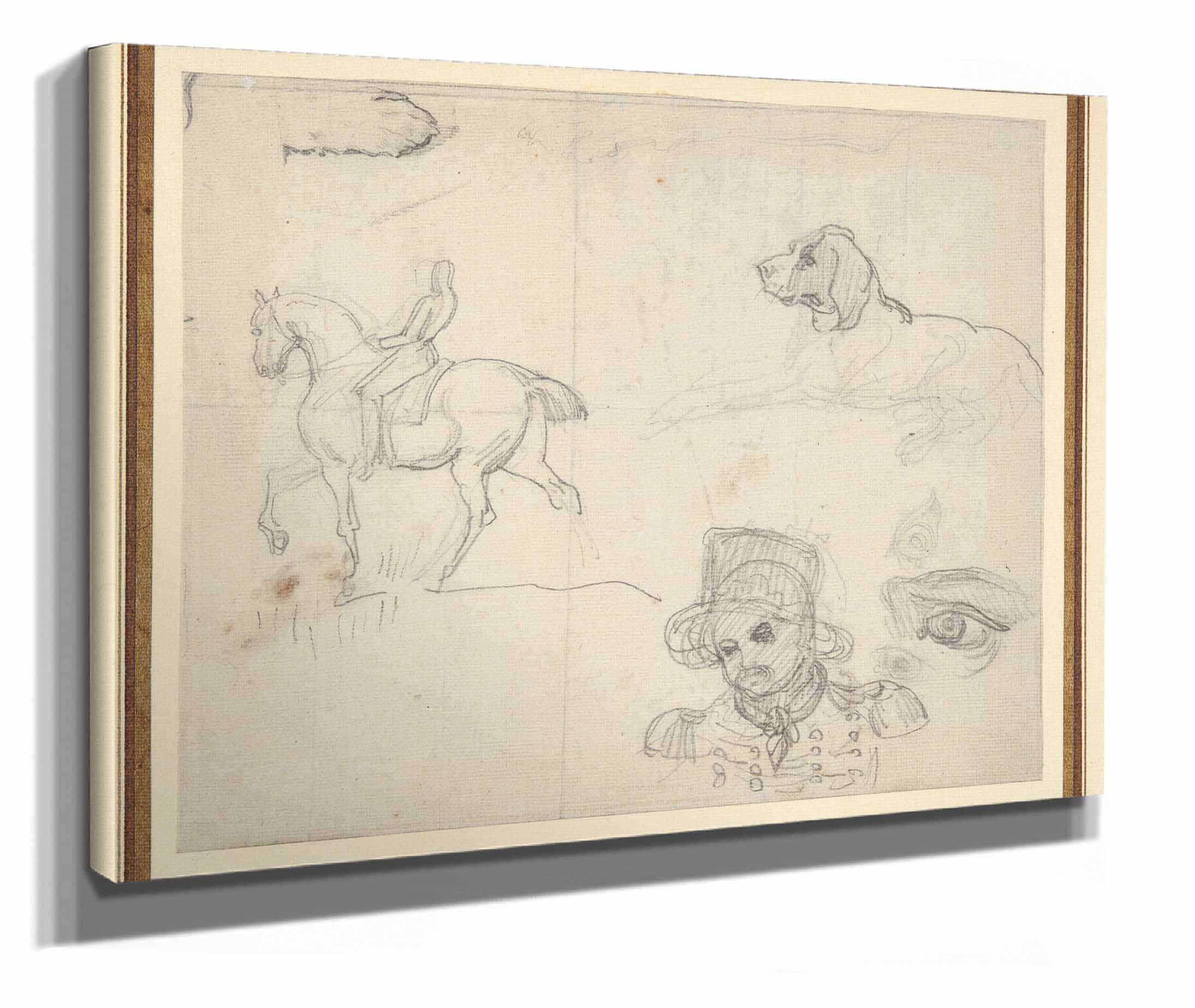 Page Of Sketches Equestrian Dog Soldiers Head by Theodore Gericault - Image 2