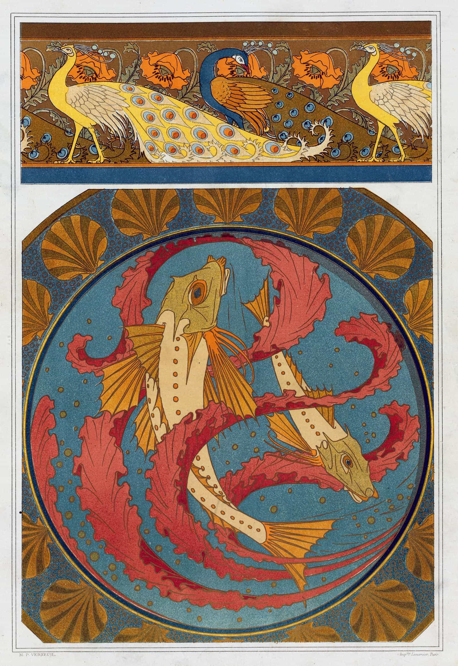 Paons Et Pavots Bordure Grondins Algues Et Coquilles Plat En Email Cloisonne by Maurice Pillard Verneuil