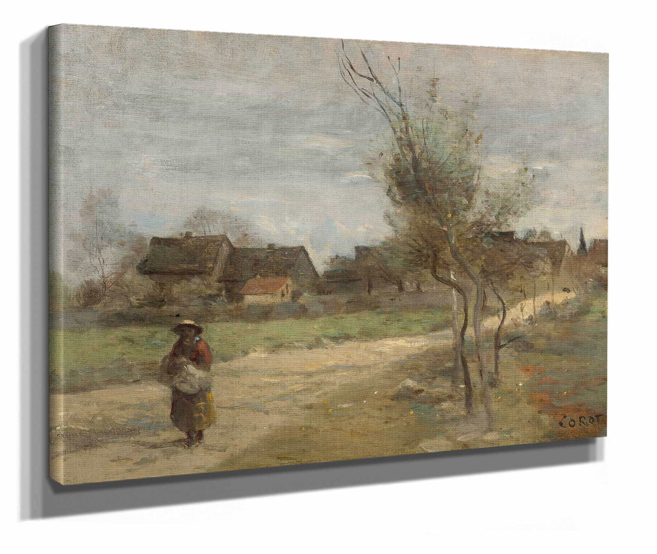 Paysanne Sur Une Route En Vue Dun Village by Jean Baptiste Camille Corot - Image 2