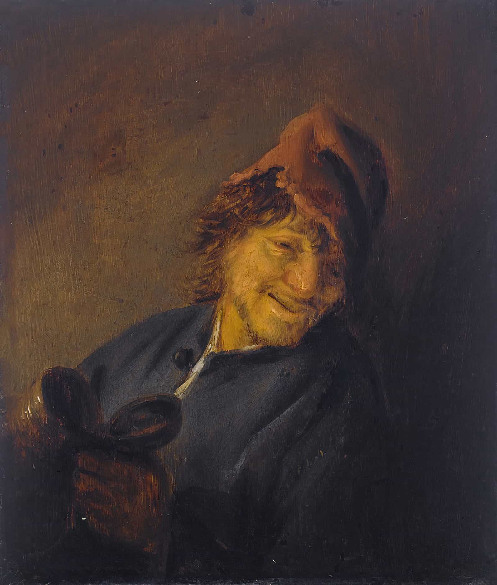 Peasant With A Red Cap Holding A Jug by Adriaen Van Ostade
