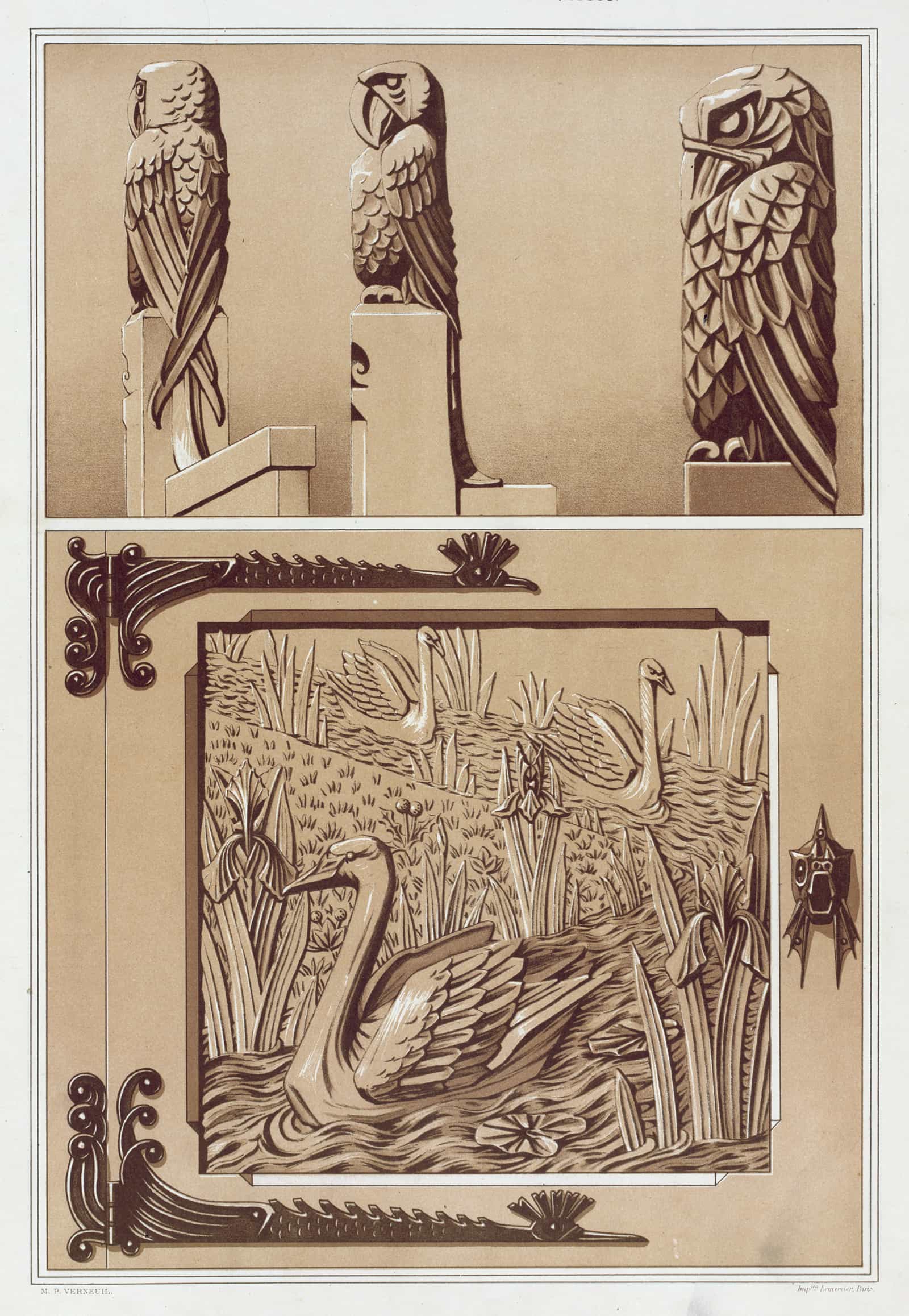 Perroquets Aigle Bois Sculpte Cygnes Et Iris Porte En Bois Sculpte by Maurice Pillard Verneuil