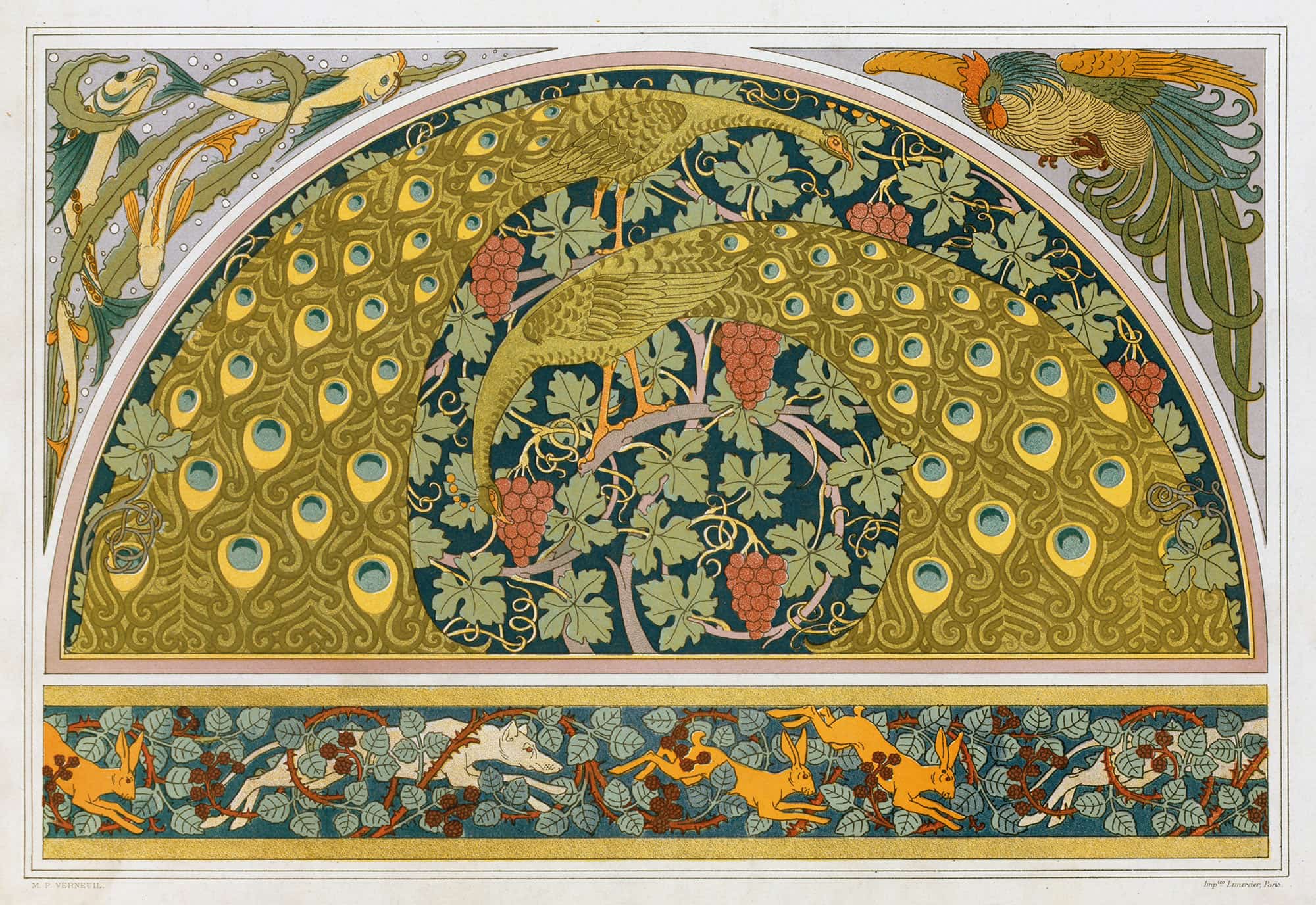 Poissons Et Algues Coq Ecoincon Paons Et Vigne Lievres Chiens Et Ronces Bordure by Maurice Pillard Verneuil