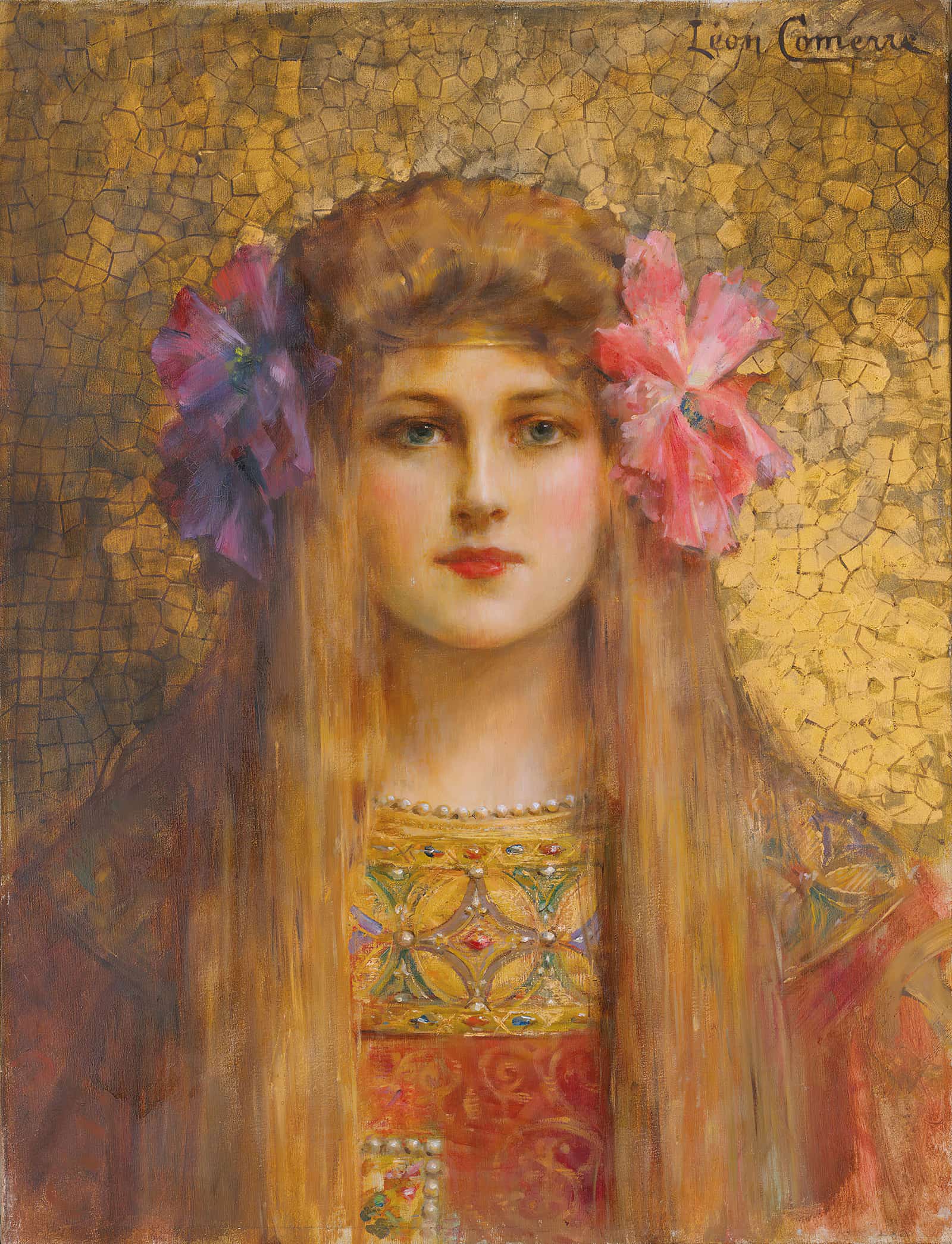 Portrait De Femme Au Turban Fleuri by Leon Francois Comerre