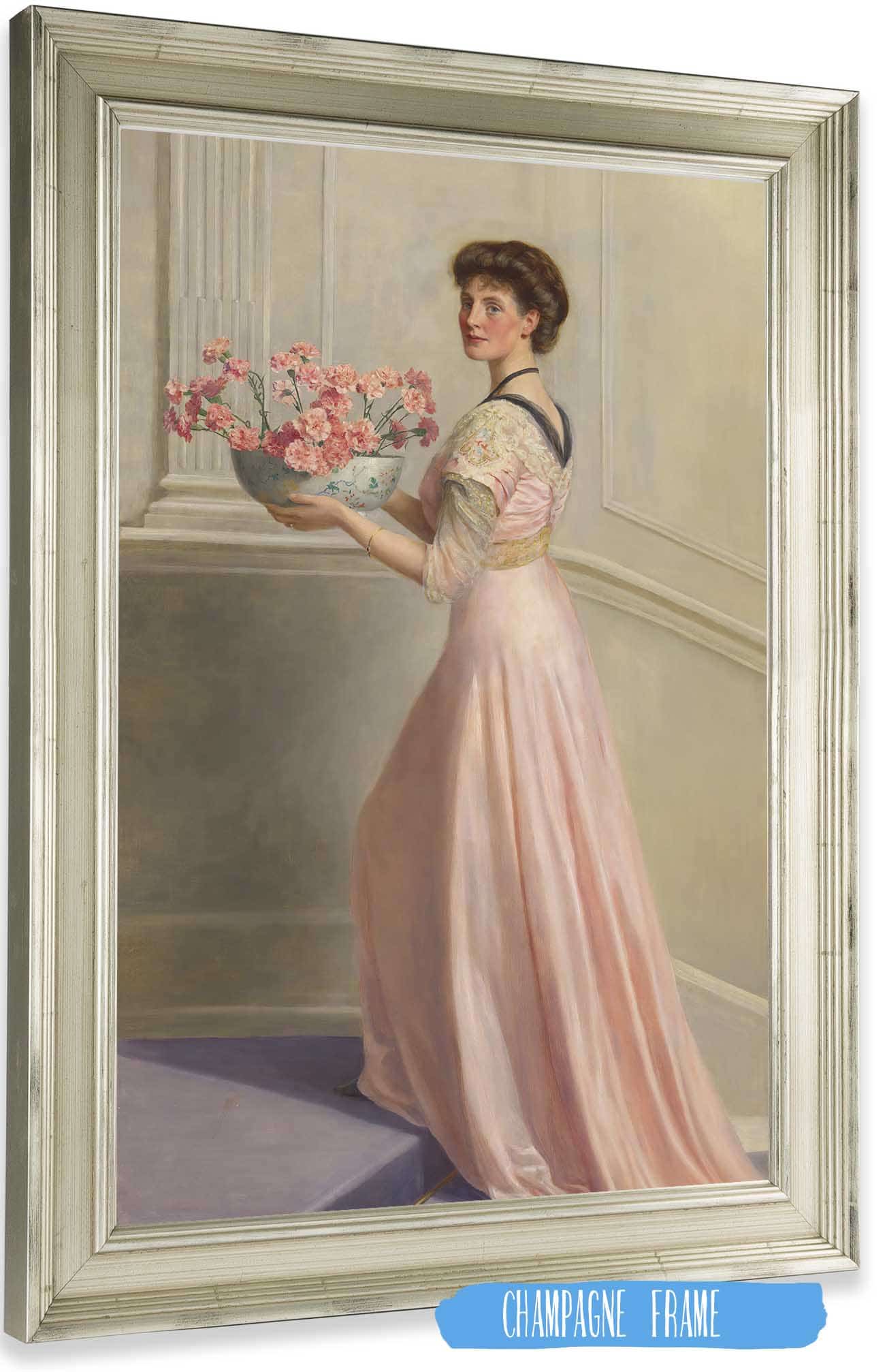 Portrait Of A Lady In Pink Carrying A Bowl Of Pink Carnations by John Collier