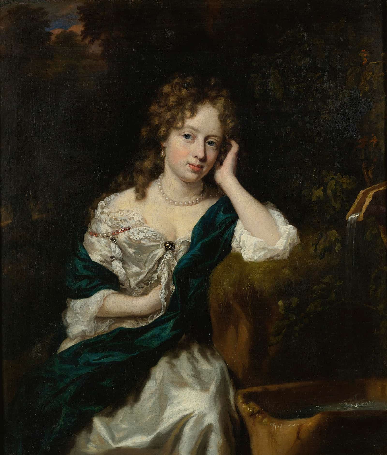 Portrait Of A Lady Seated By A Fountain by Nicolaes Maes