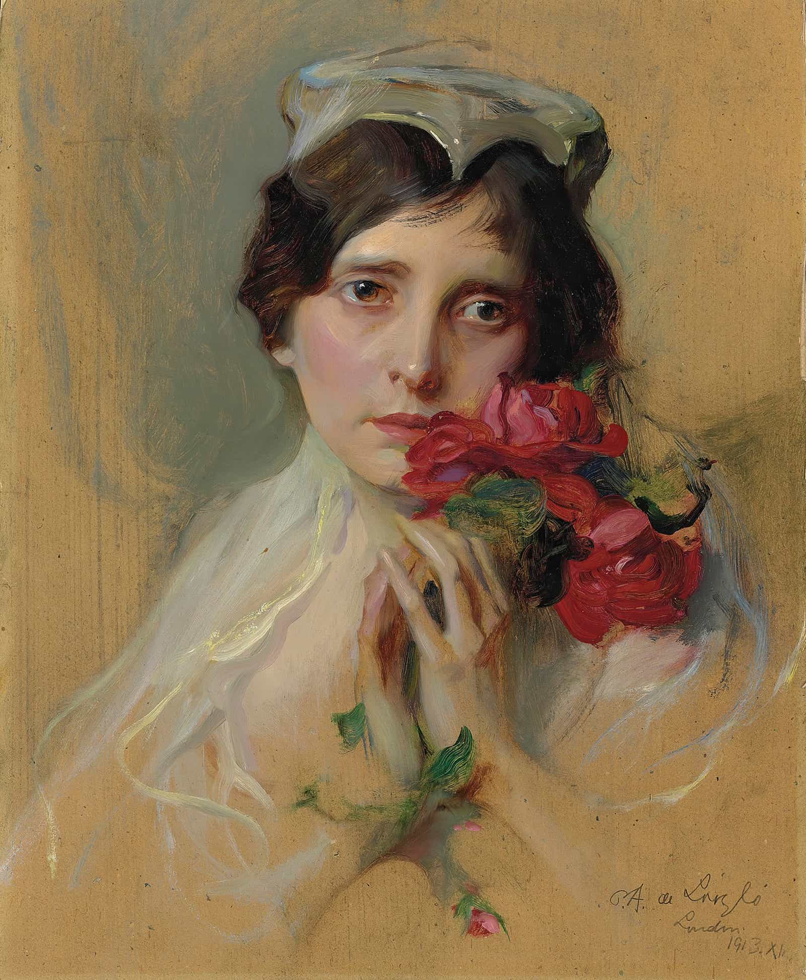 Portrait Of A Lady Wearing A Peaked Headdress by Philip Alexius De Laszlo