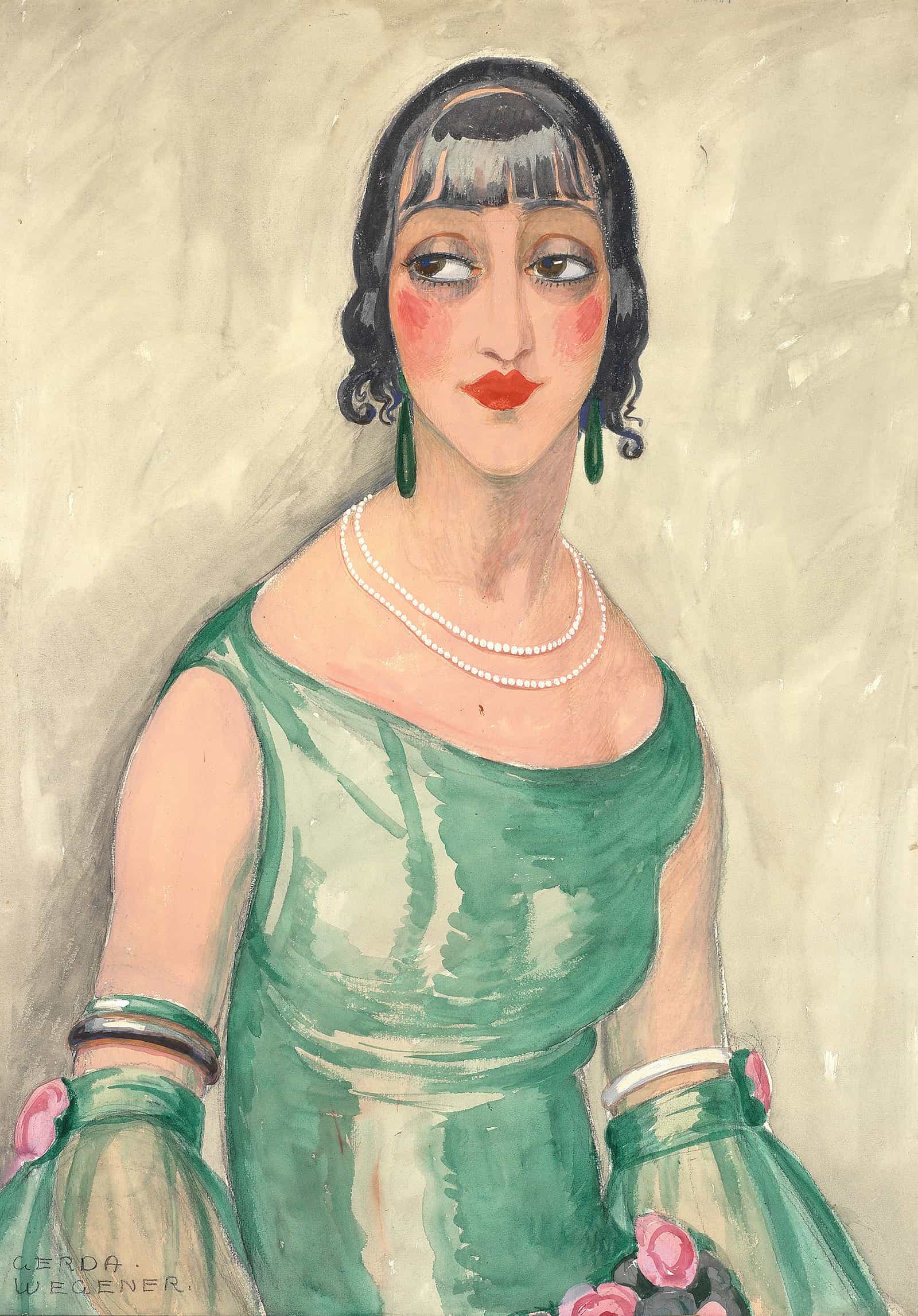 Portrait Of A Woman In Green Dress And Pearls by Gerda Wegener