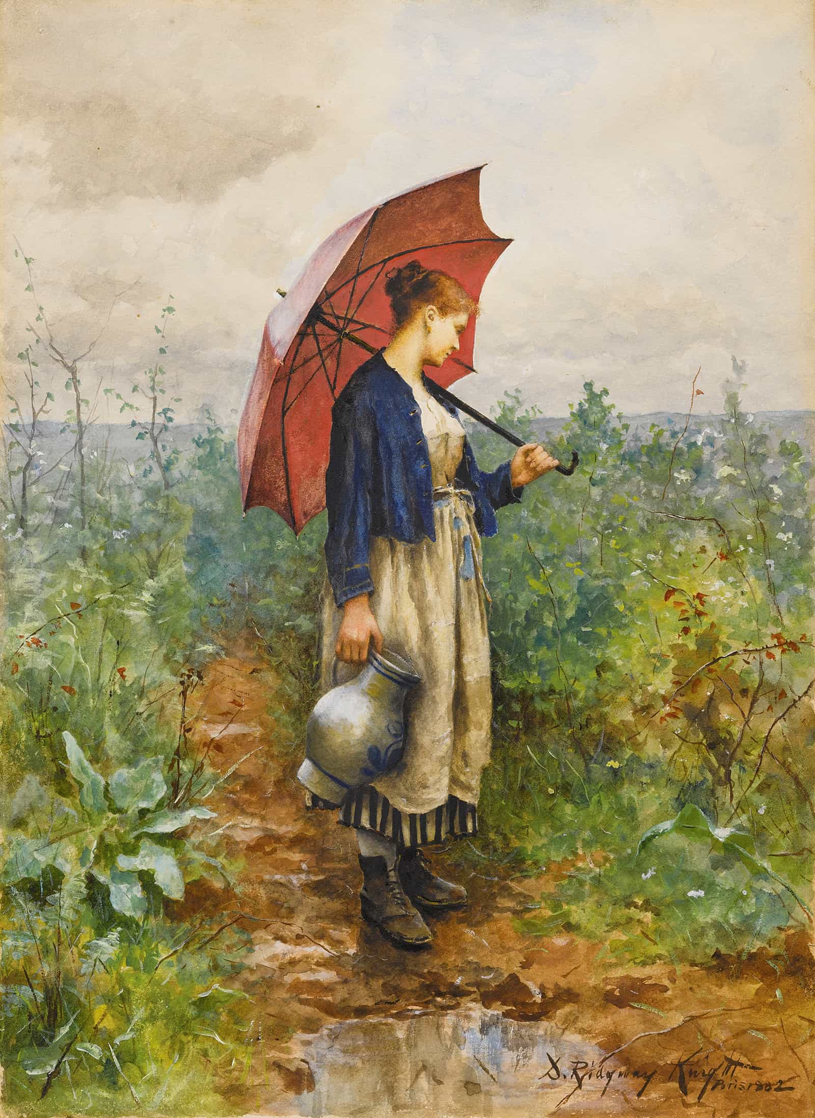 Portrait Of A Woman With Umbrella Gathering Water by Daniel Ridgway Knight