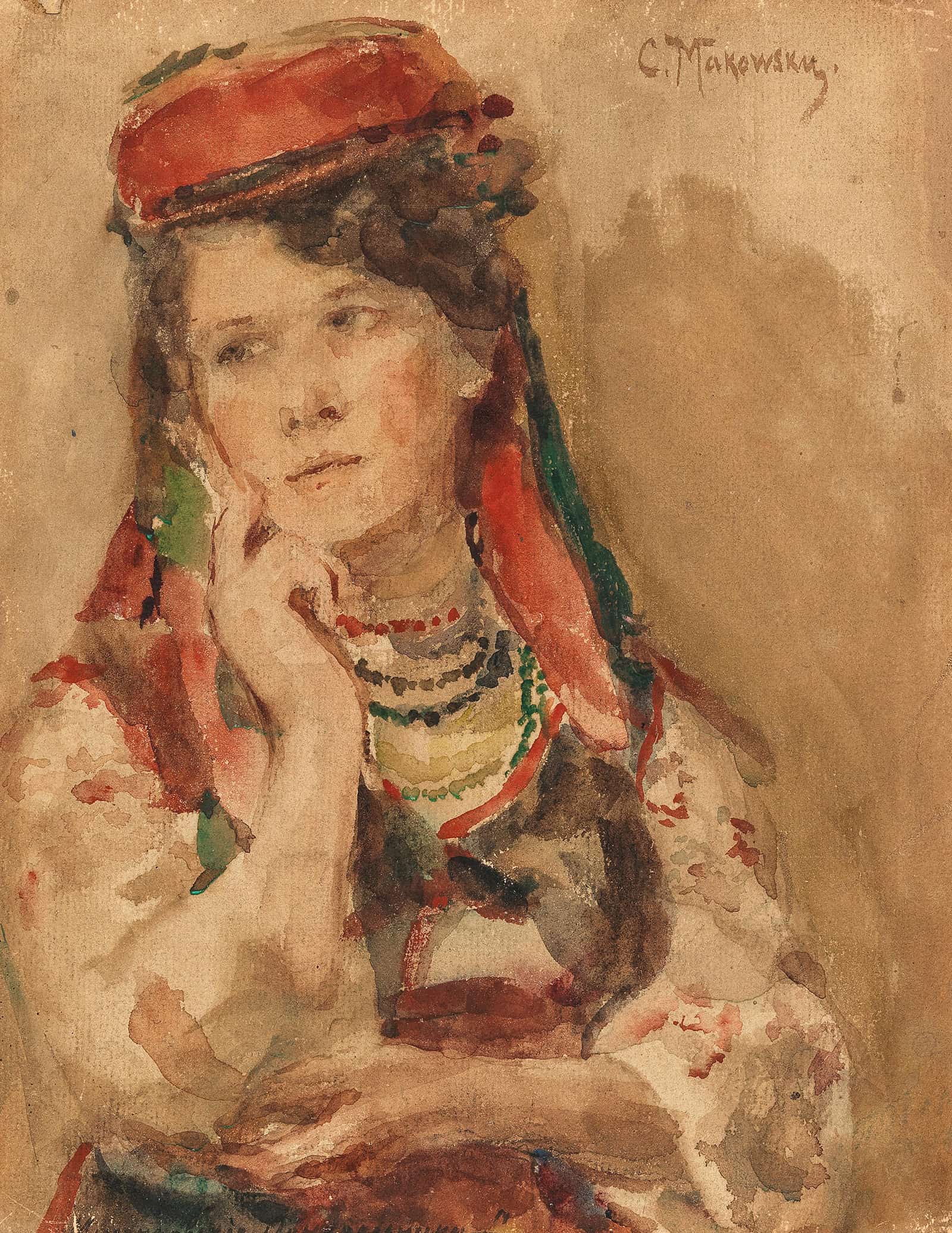 Portrait Of A Young Lady In Traditional Costume by Konstantin Egorovich Makovsky