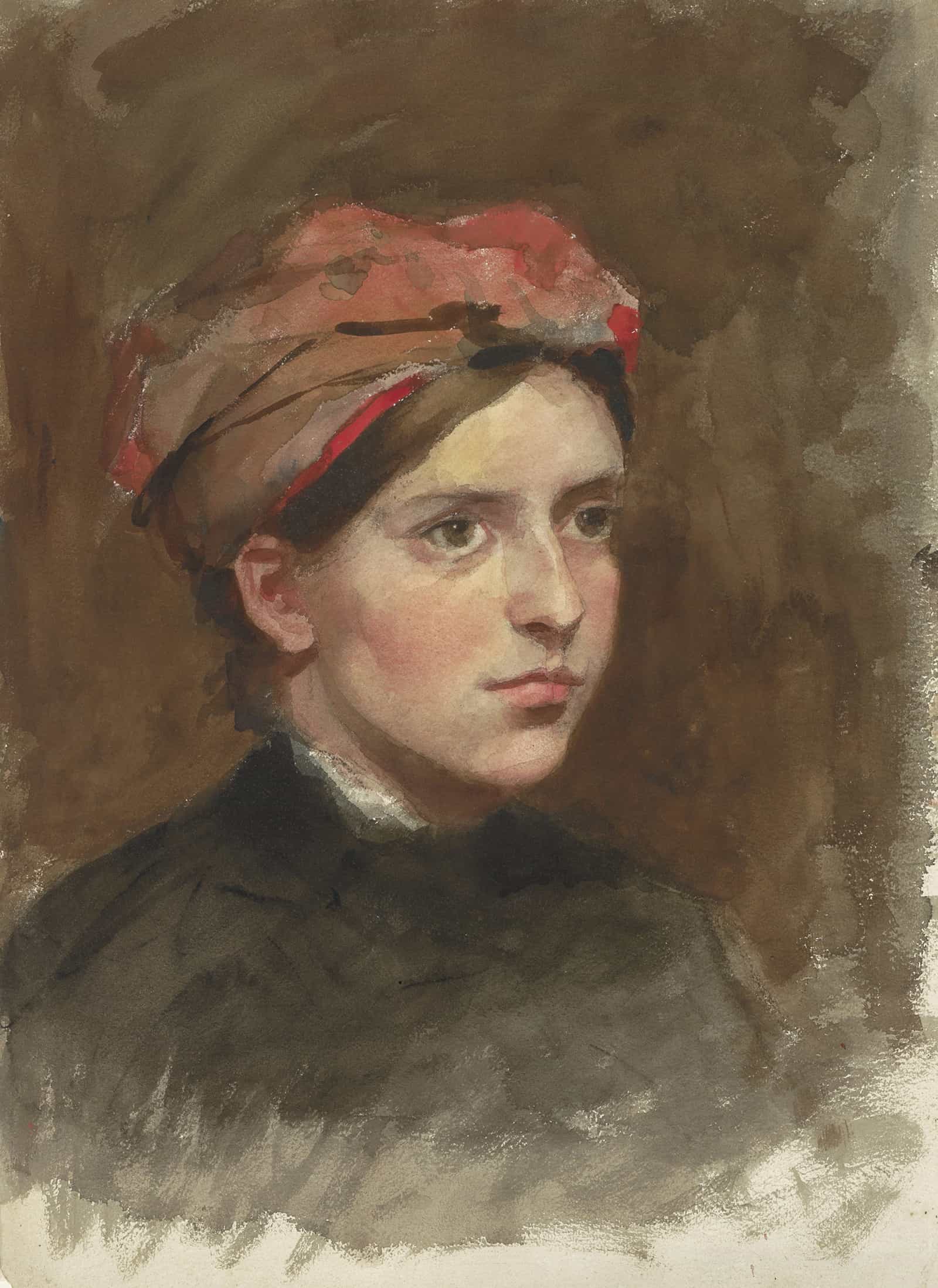 Portret Van Een Jonge Vrouw Met Een Rode Hoofddoek by Therese Schwartze