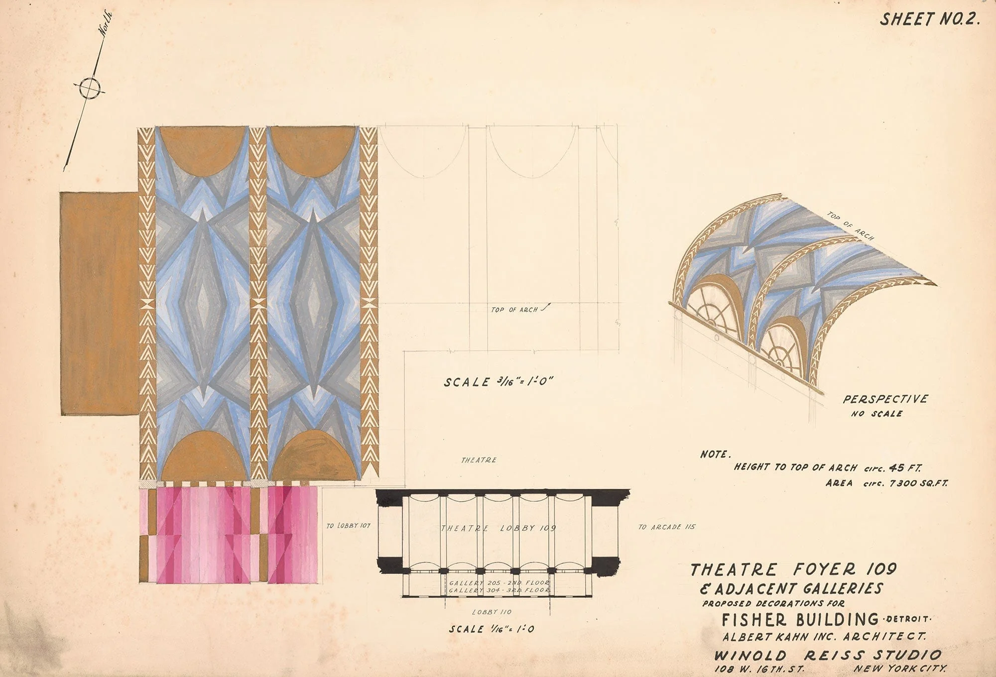 Proposed Decorations For Fisher Building Detroit Theatre Foyer & Adjacent Galleries by Winold Reiss