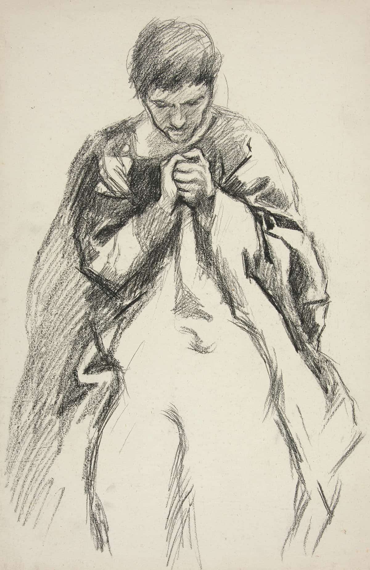 Robed Figure Praying Study For The Quest Of The Holy Grail Mural Series At Boston Public Library by Edwin Austin Abbey