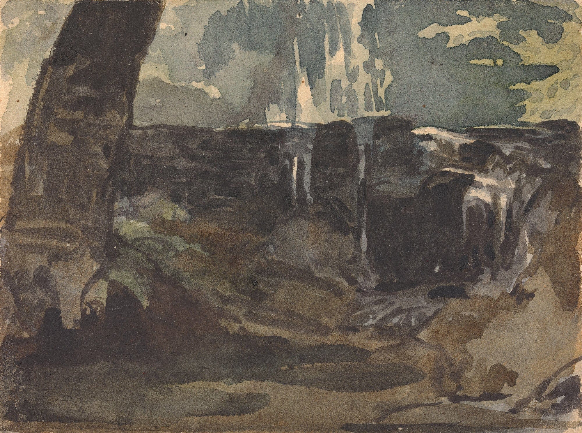 Rocky Landscape Large Tree Trunk In Foreground by Thomas Sully