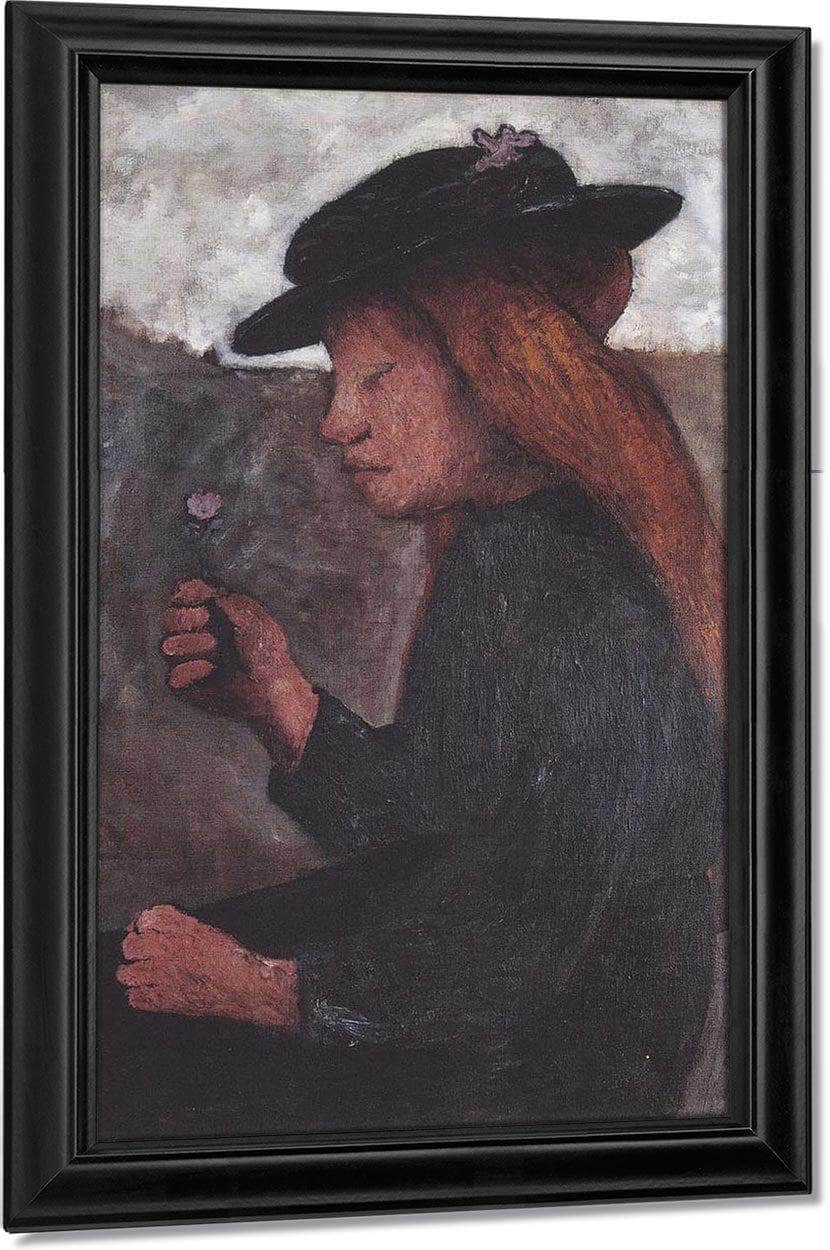 Seated Girl With Black Hat And Flower In Her Hand By Paula Modersohn Becker