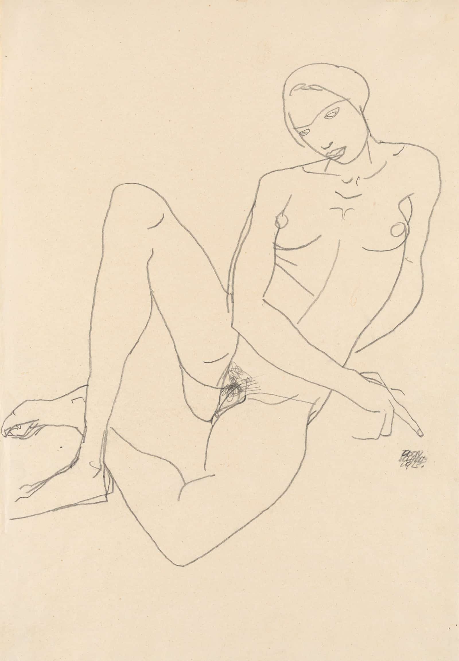 Sitzender Weiblicher Akt Mit Gegratschten Beinen by Egon Schiele