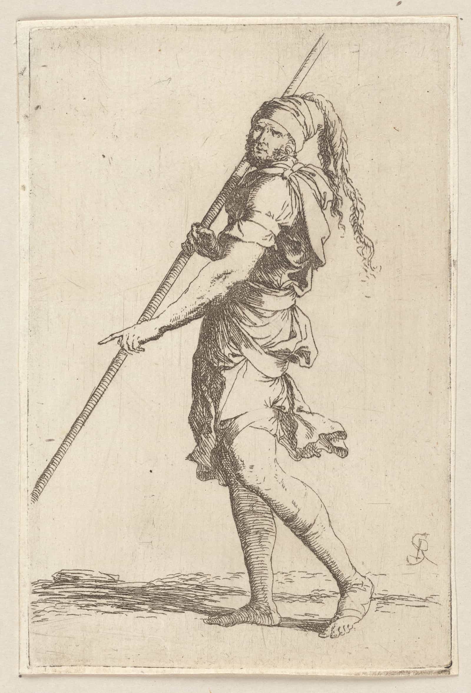 Soldier Holding A Cane With Both Hands Walking Toward The Left by Salvator Rosa